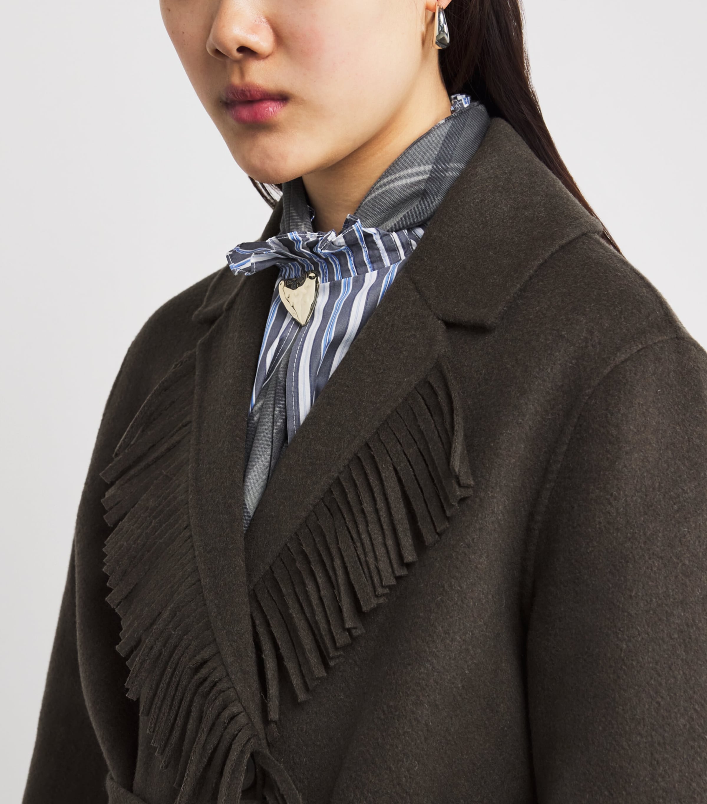 Wool-Blend Belted Fringe Coat KHAKI Image 6