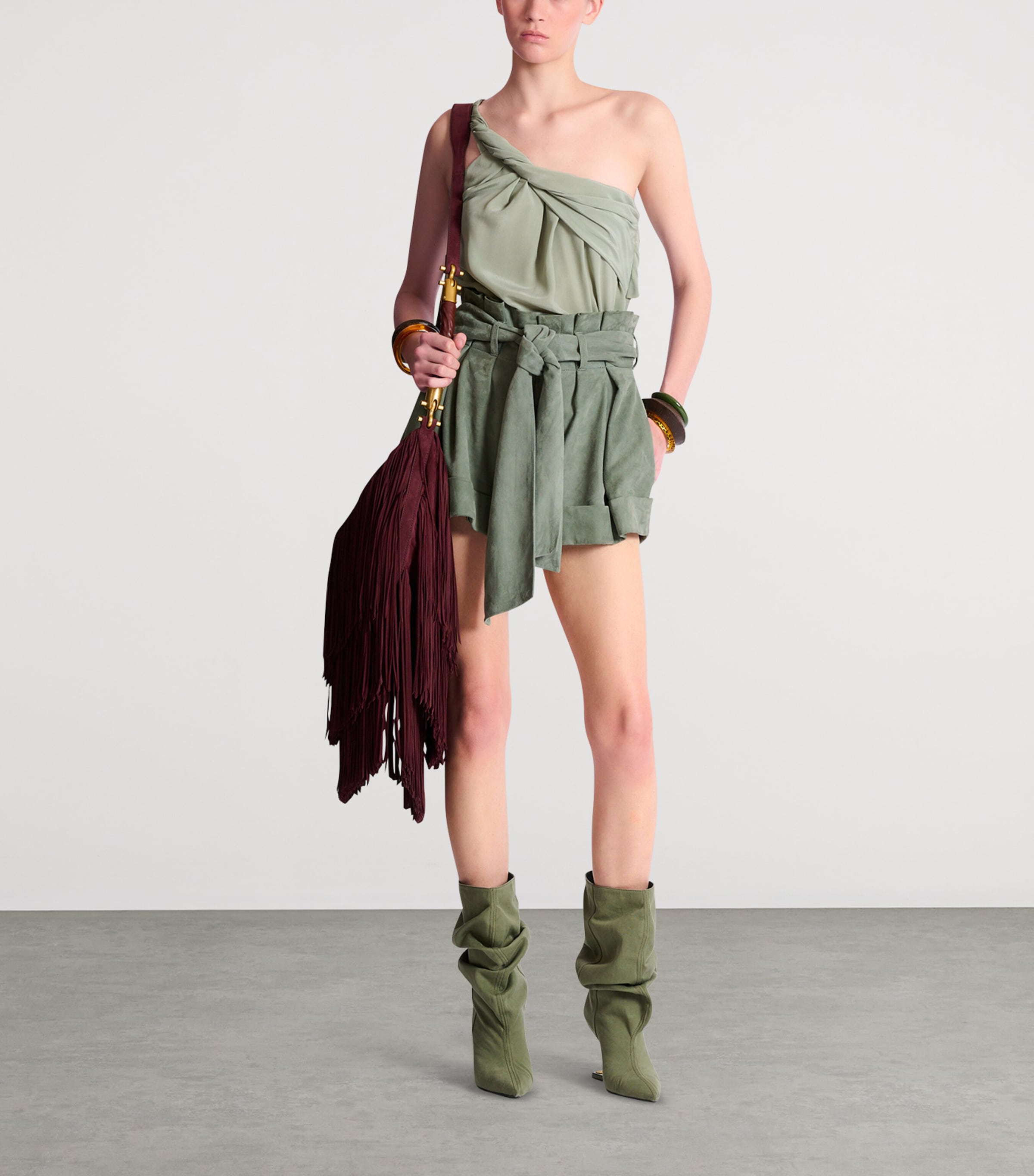 Balmain Womens Silk Crepe One-Shoulder Top Olive Image 7