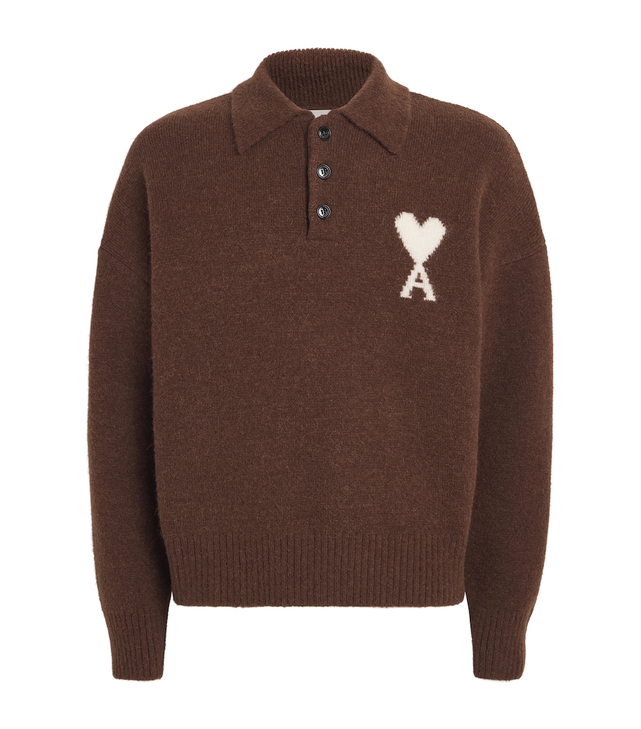 AMI Paris Mens Ami de Coeur Polo Sweater Mrron Choc/ecru Image 1
