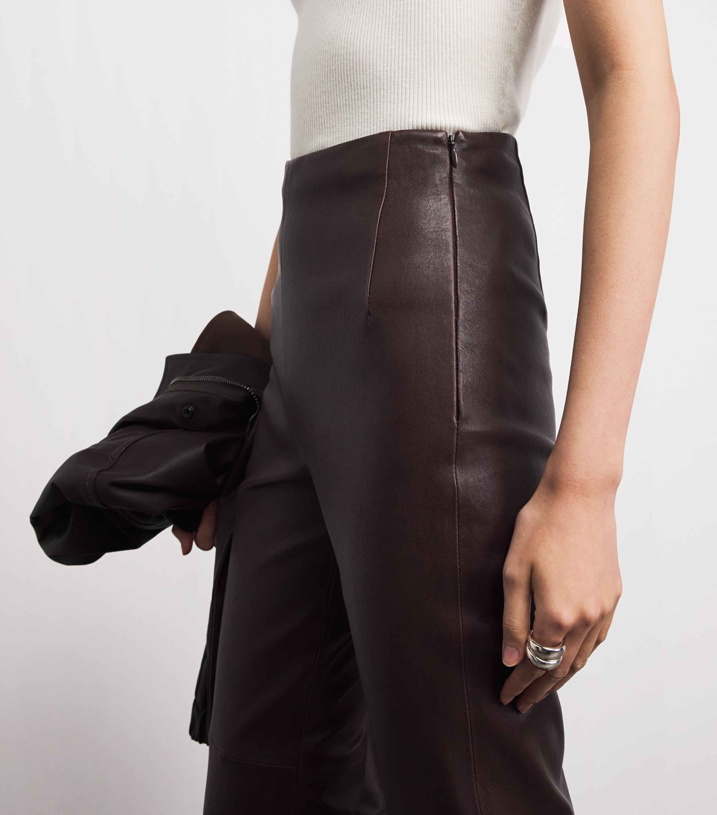 NOUR HAMMOUR Womens Leather Cropped Capri Trousers Brown Stretch Image 3