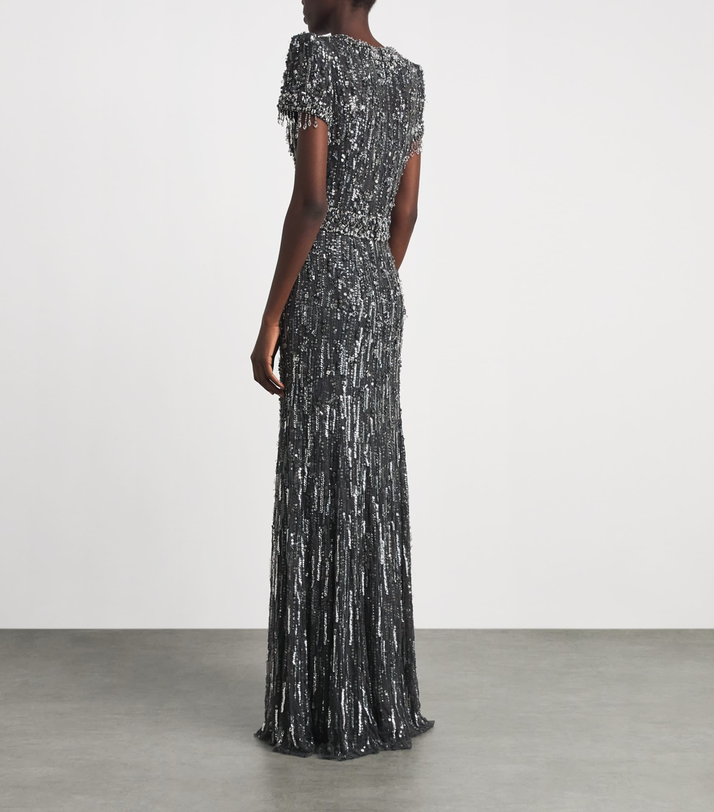 Jenny Packham Womens Short-Sleeve Rhinestone Maxi Dress Shdw Gry T Bdng Image 4