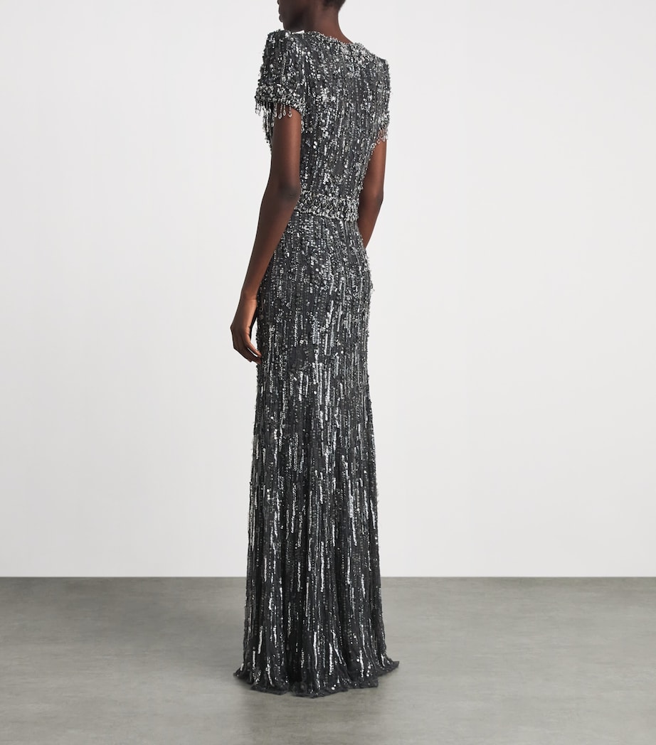 Jenny Packham Womens Short-Sleeve Rhinestone Maxi Dress Shdw Gry T Bdng Image 4