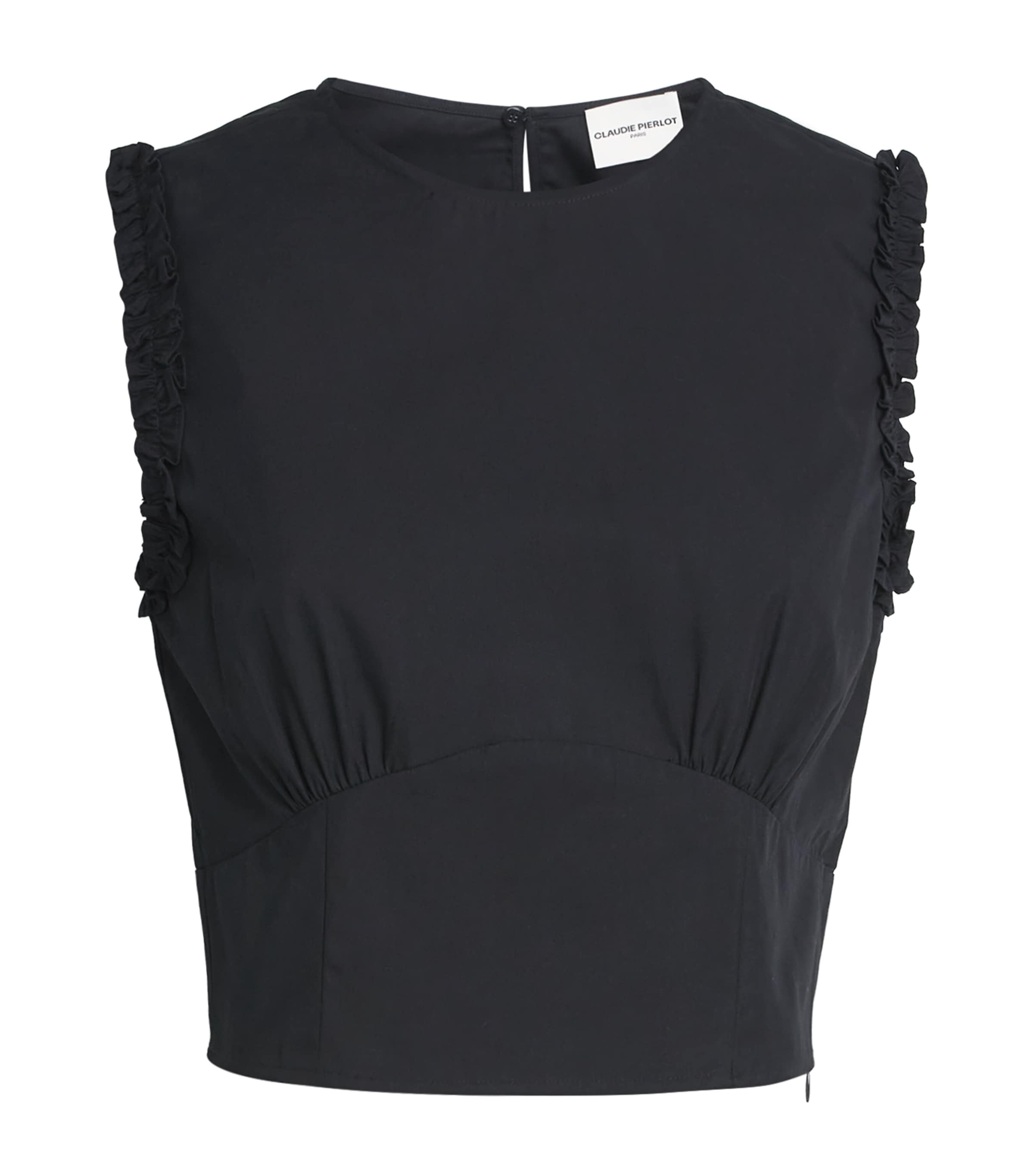 Claudie Pierlot Womens Cotton-Blend Ruffle Crop Top Navy Image 1