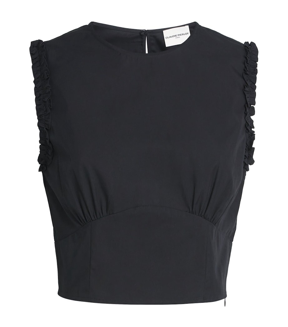 Claudie Pierlot Womens Cotton-Blend Ruffle Crop Top Navy Image 1