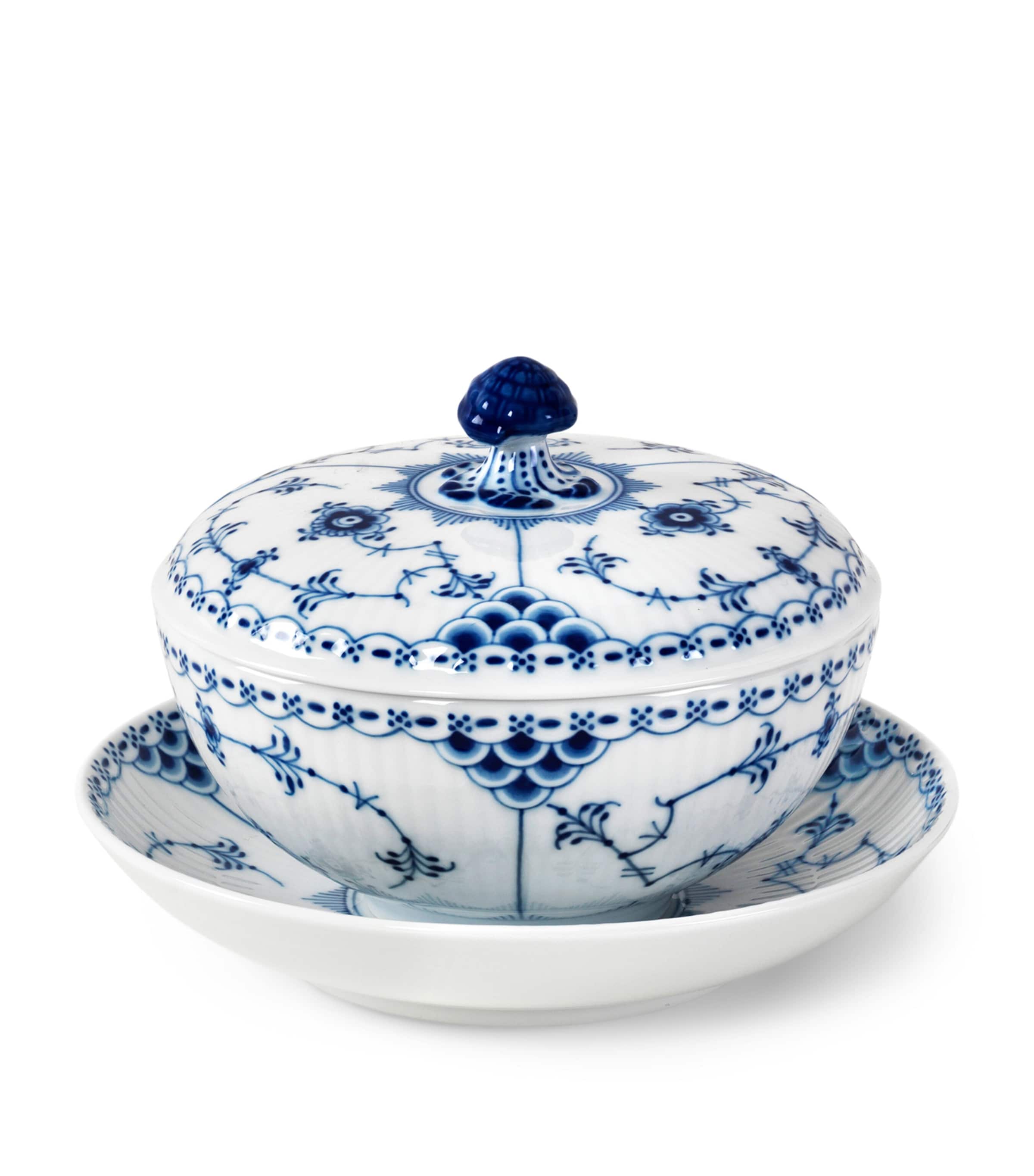 Royal Copenhagen Porcelain Blue Fluted Half Lace Bowl, Lid And Saucer In Blue