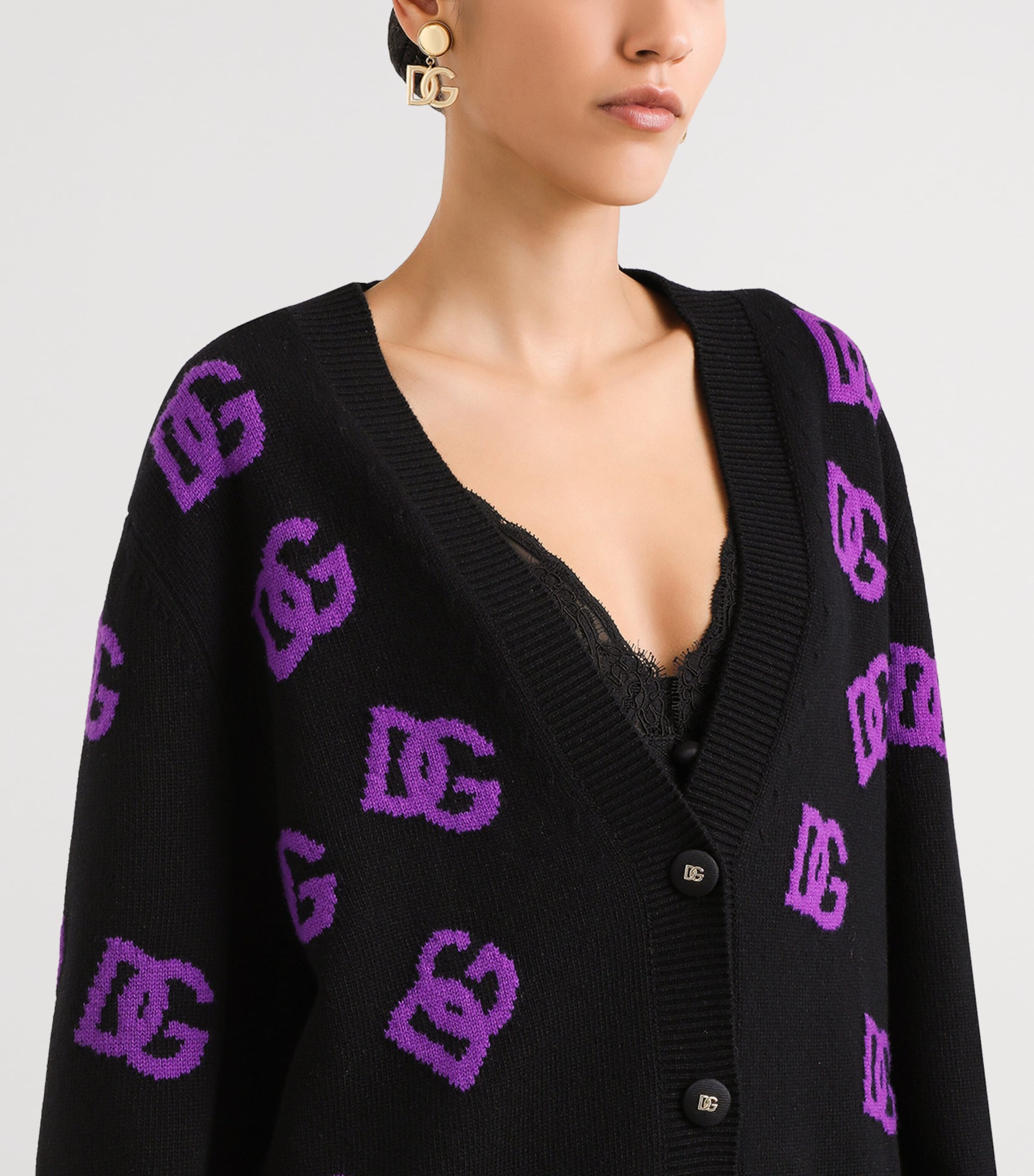 Virgin Wool Logo Cardigan N9867-NERO/VIOLA Image 4