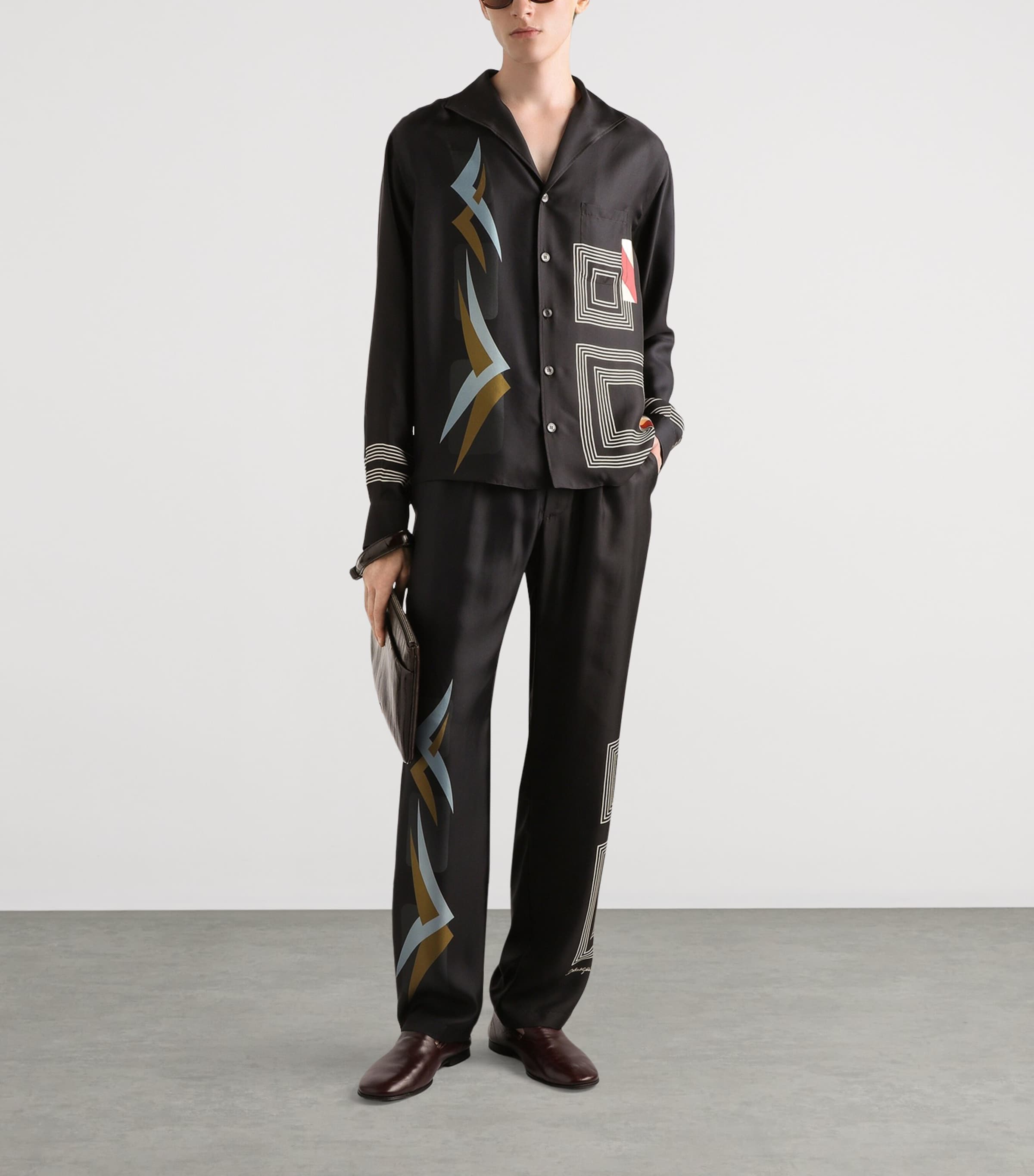 Dolce&Gabbana Mens Silk Twill Geometric Print Shirt Geometrico Deco' Blu Image 2