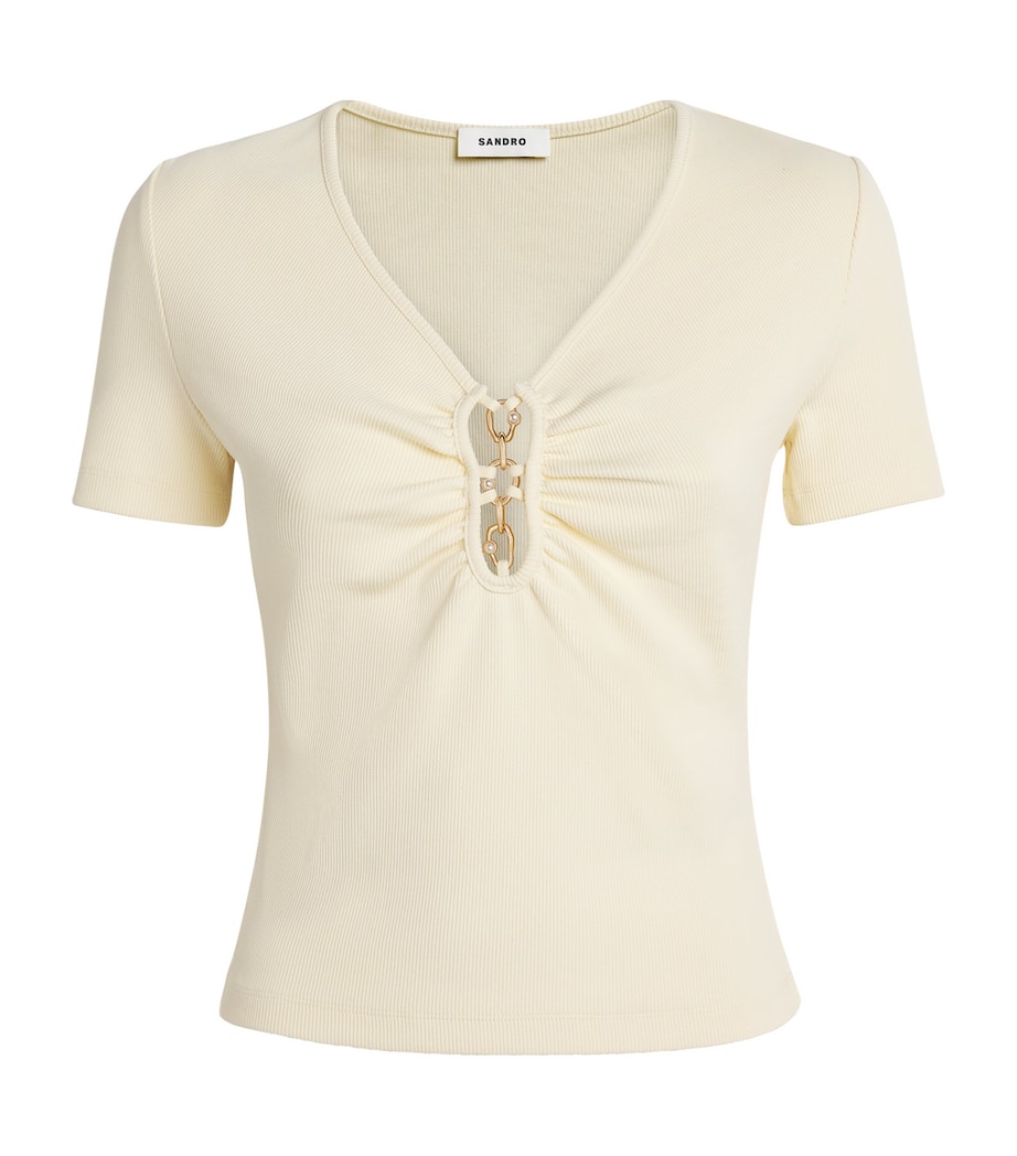 Sandro Paris Womens Stretch-Cotton Ruched-Detail T-Shirt Ecru Image 1