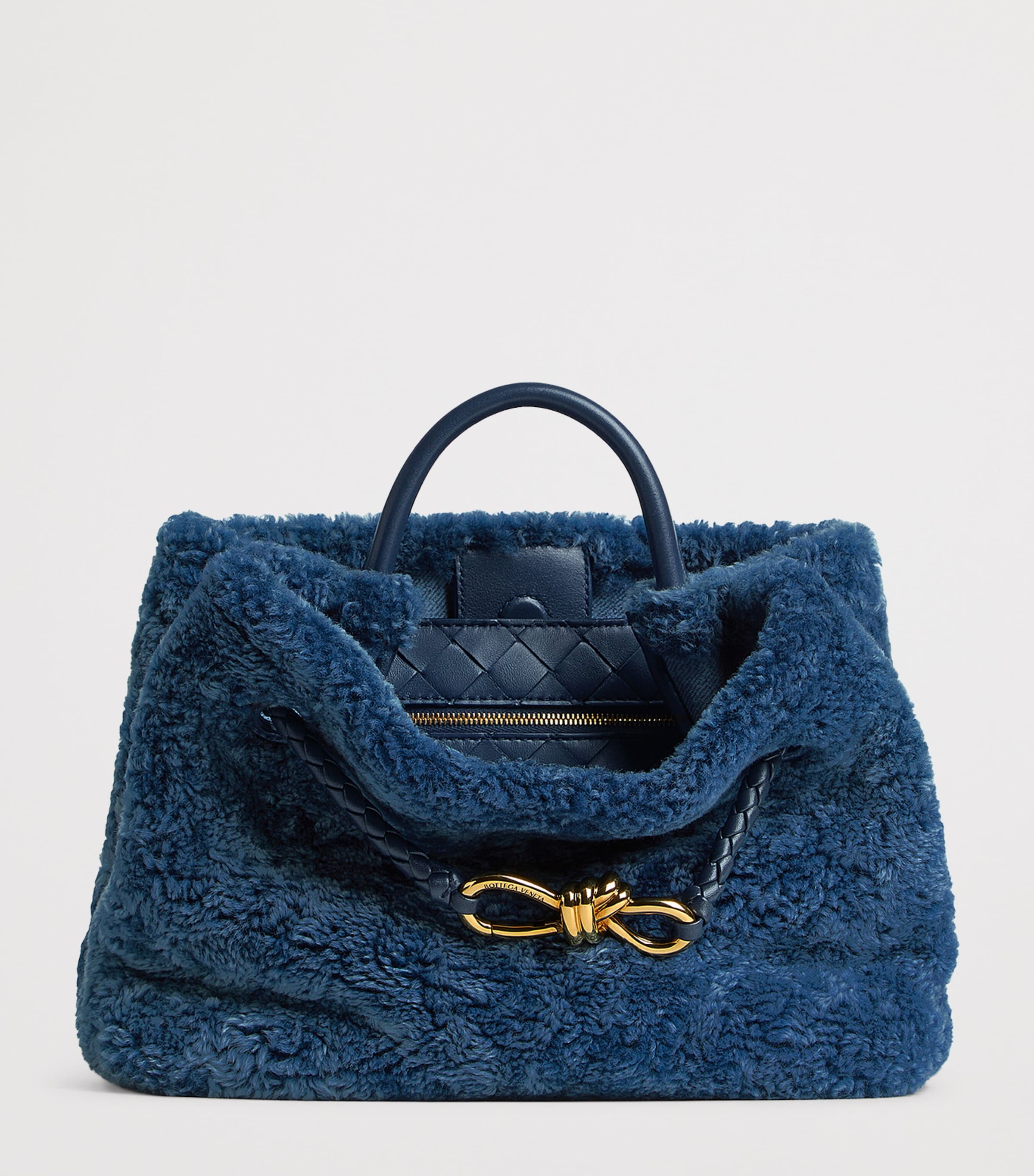 Bottega Veneta Blue Small Shearling Andiamo Shoulder Bag | Harrods US