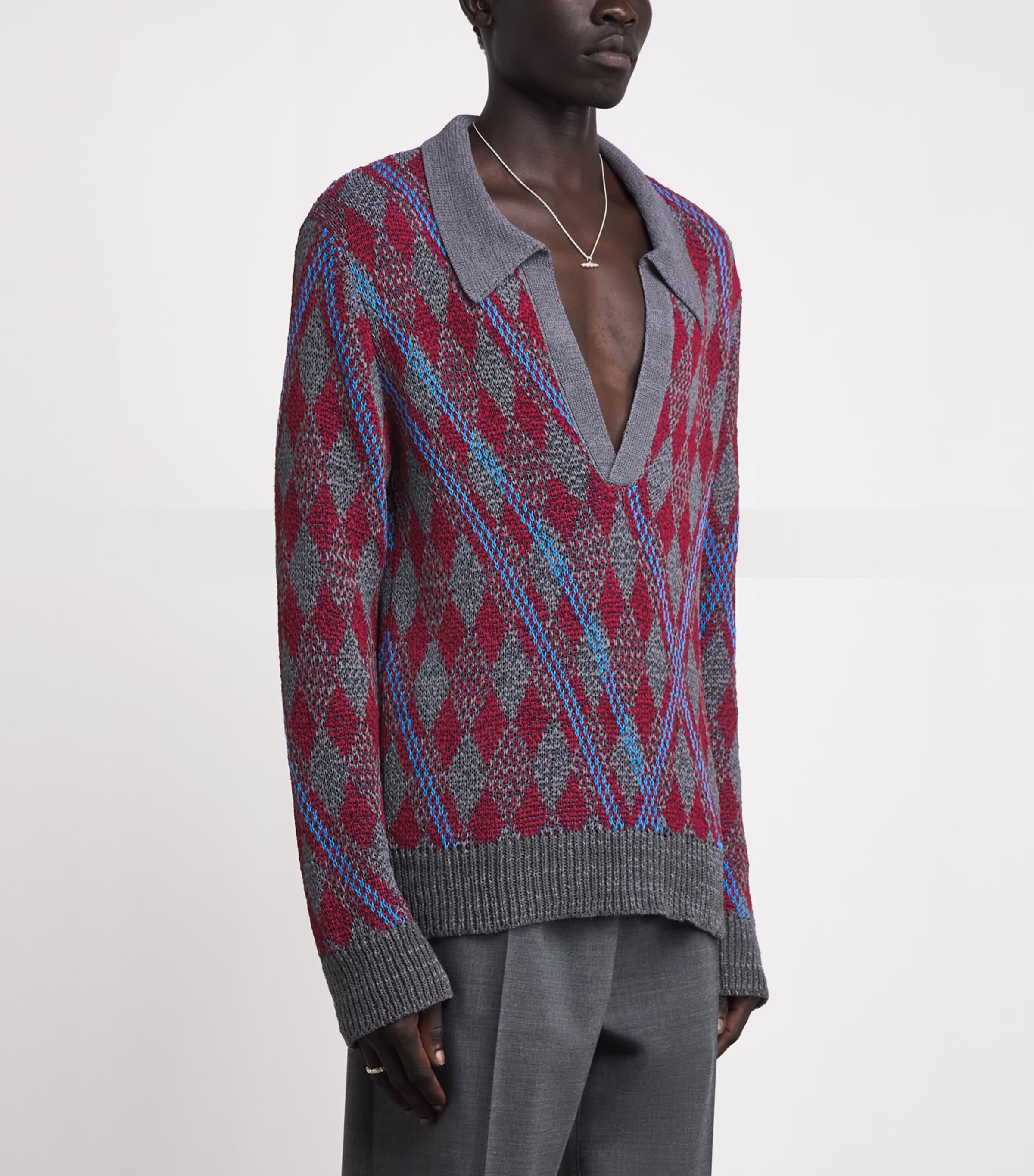DRIES VAN NOTEN Mens Argyle Open-Collar Sweater Grey Image 4