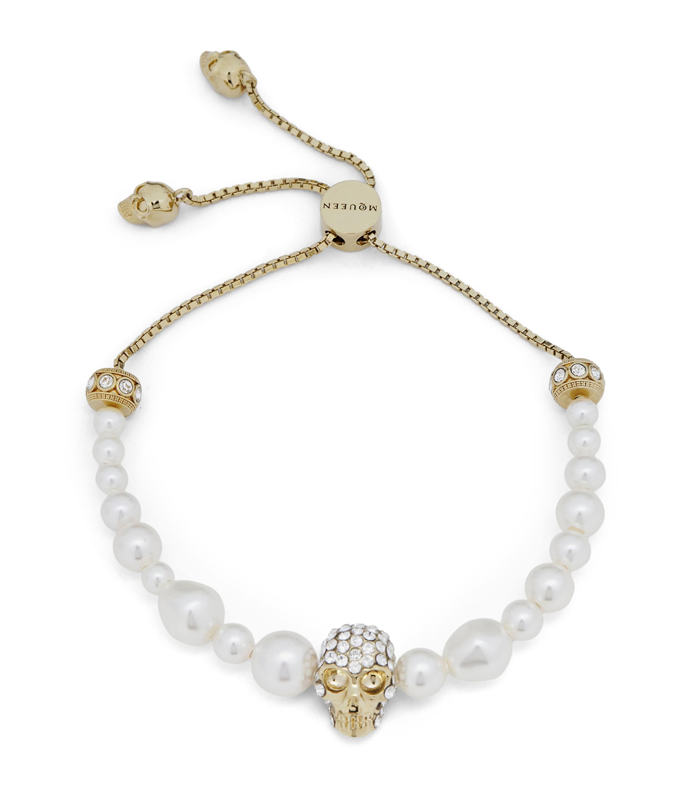Alexander Mcqueen Faux Pearl And Skull Bracelet In Gold