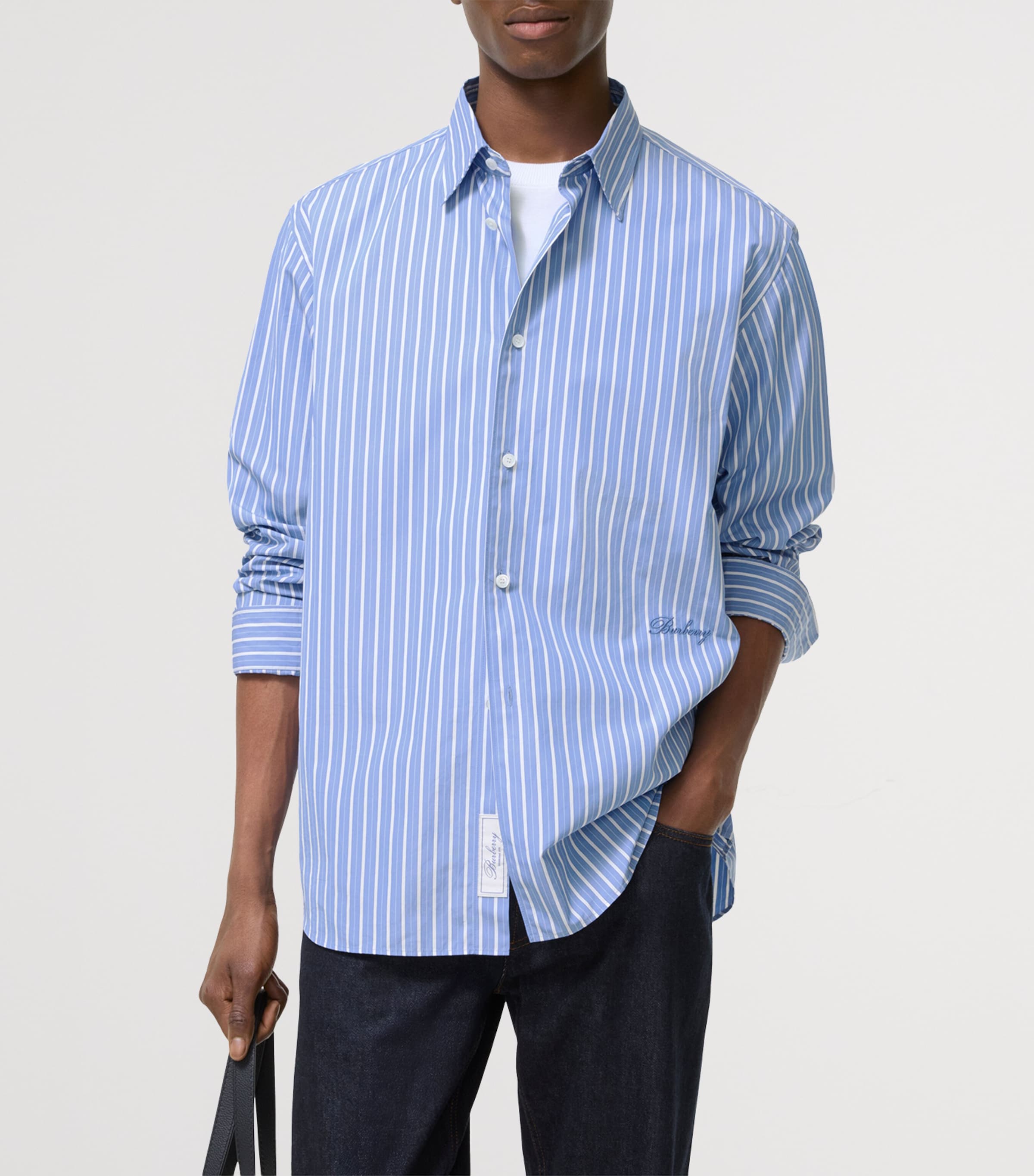 Burberry Mens Cotton Striped Shirt Classic Blue/white Image 2