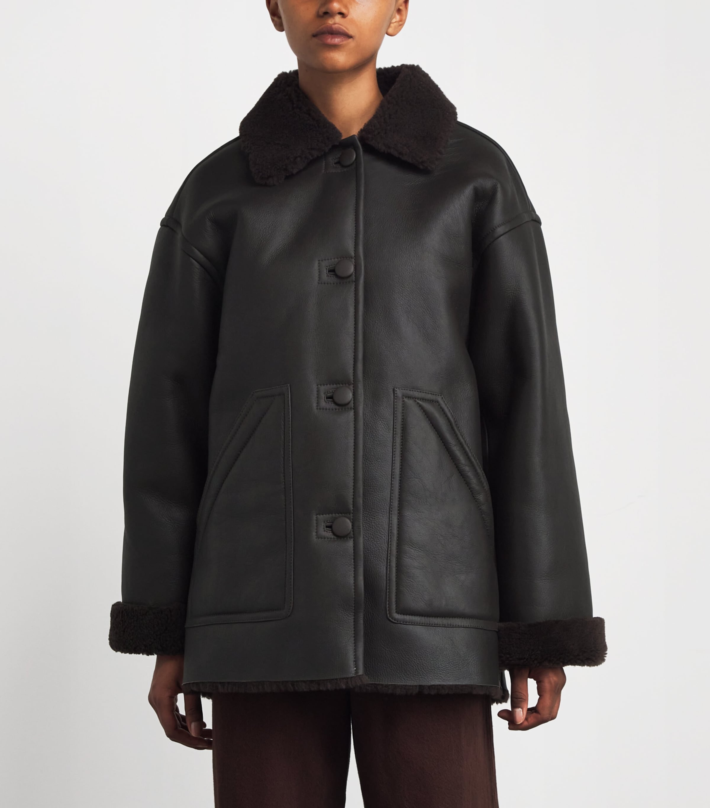 Shearling-Lined Leather Jacket BLACK BROWN Image 3