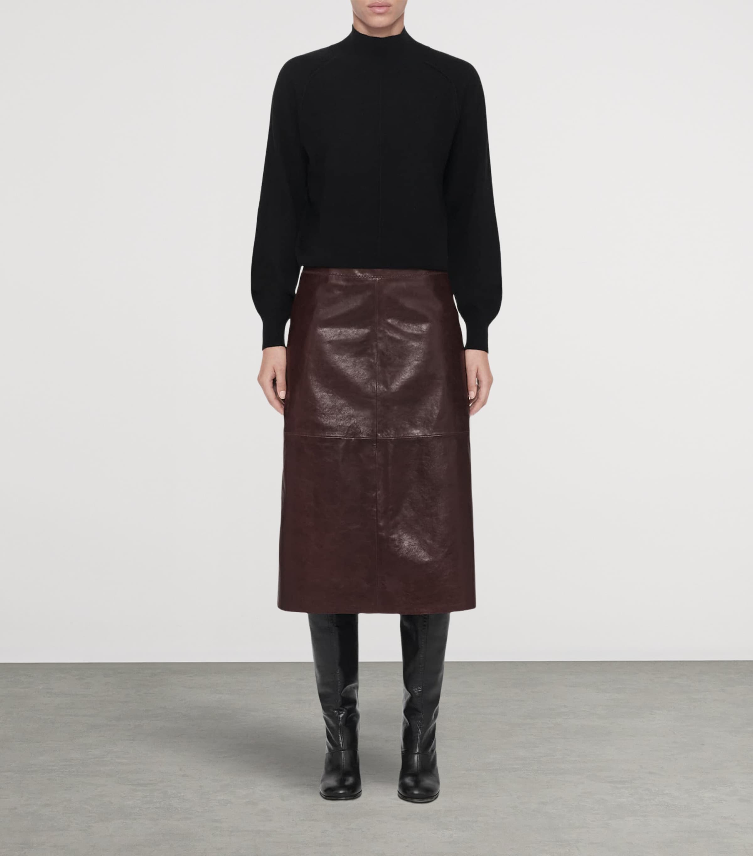 AllSaints Womens Leather Olivia Midi Skirt Oxblood Red Image 2