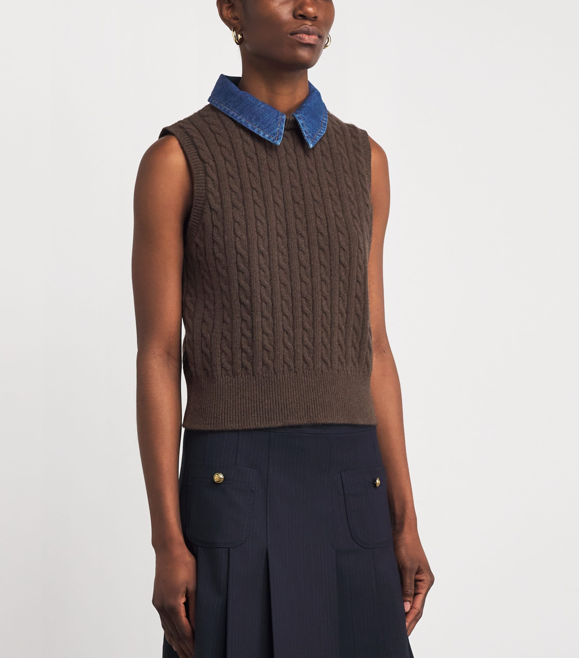 Wool-Blend Denim-Collar Sweater Vest BROWN Image 3