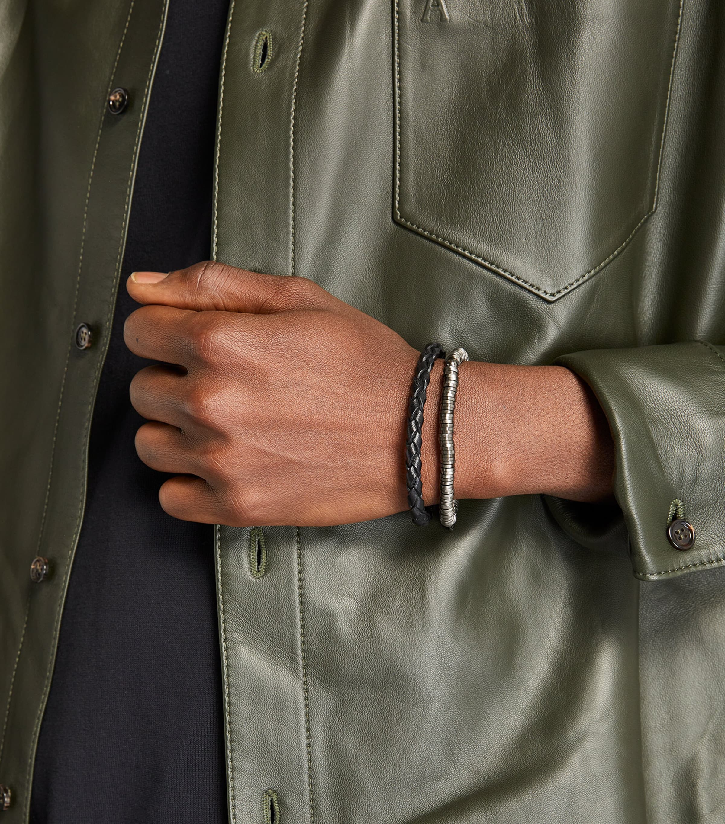 Herringbone Click Pelle Bracelet SILVER/ BLACK Image 5