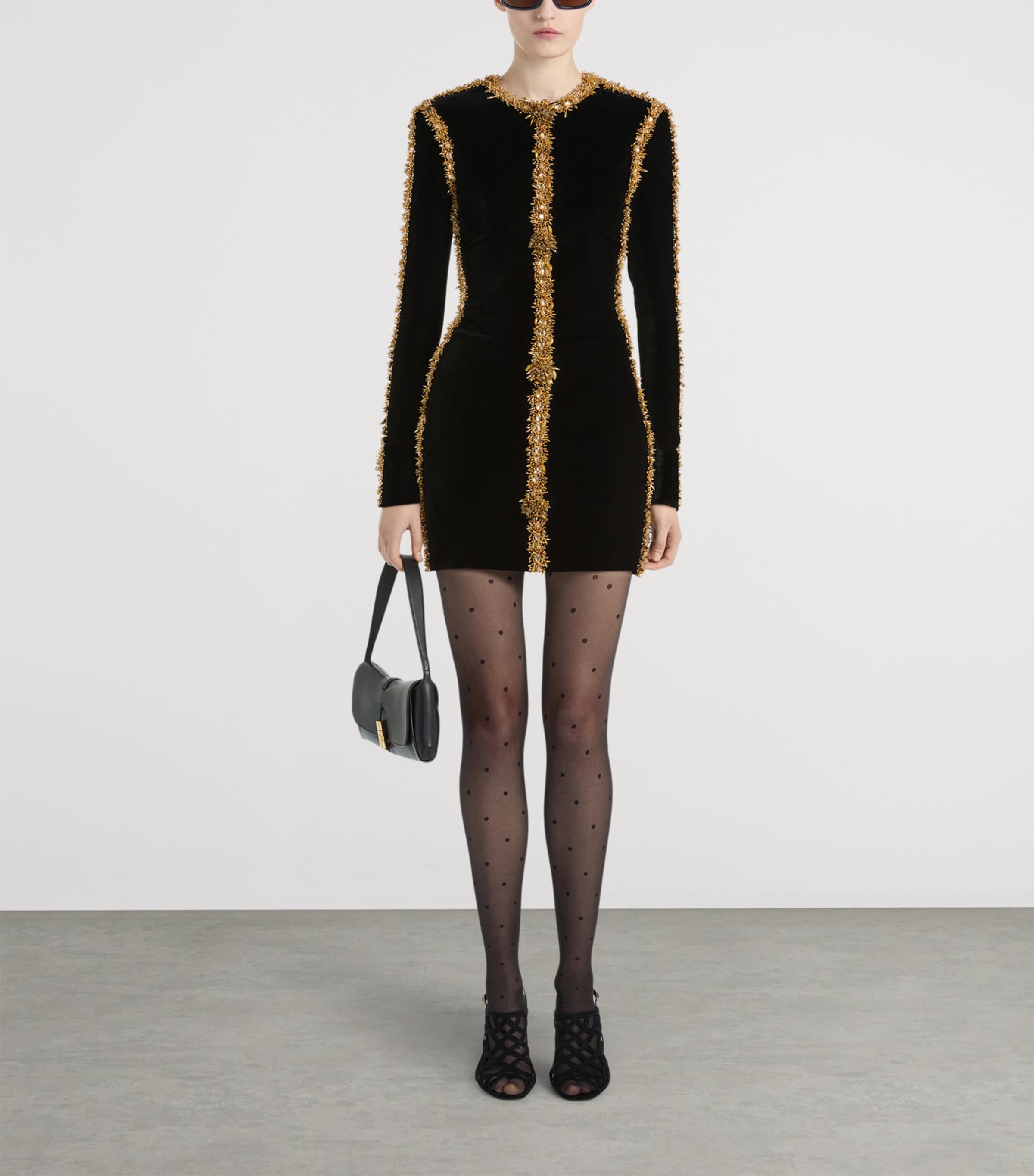 Balmain Womens Velvet Beaded-Trim Mini Dress Ead Noir Or Image 3
