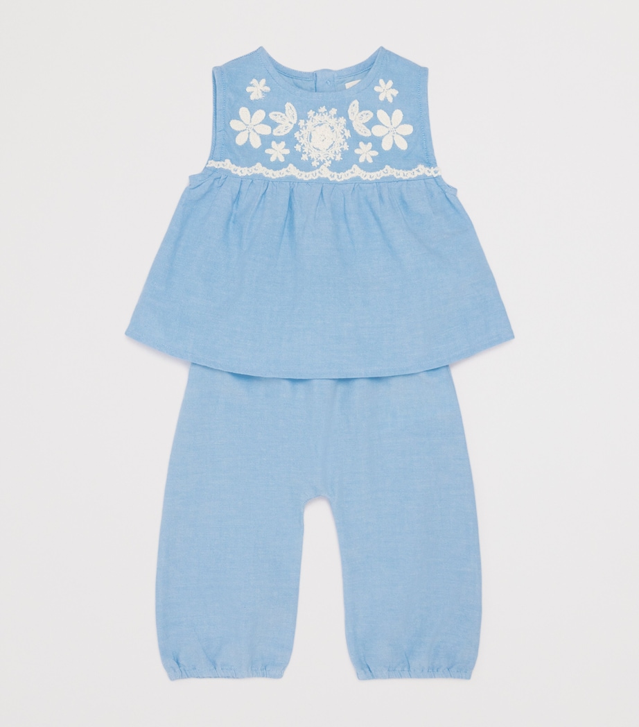 Louise Misha Cotton Lace-Trim Floreli Trousers (3-24 Months) Blue Image 3