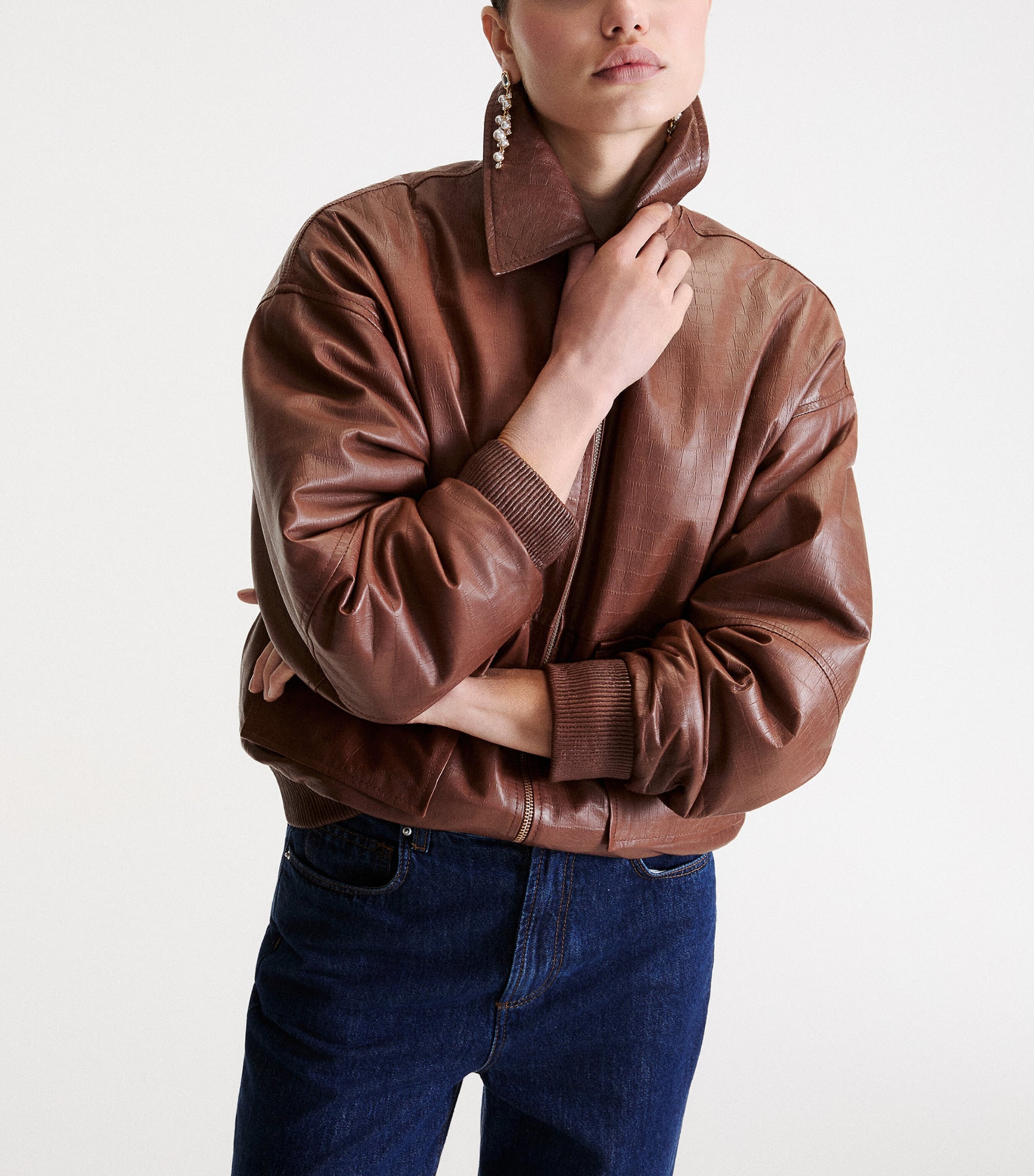 Marella Womens Croc-Embossed Leather Bomber Jacket Brown Image 4