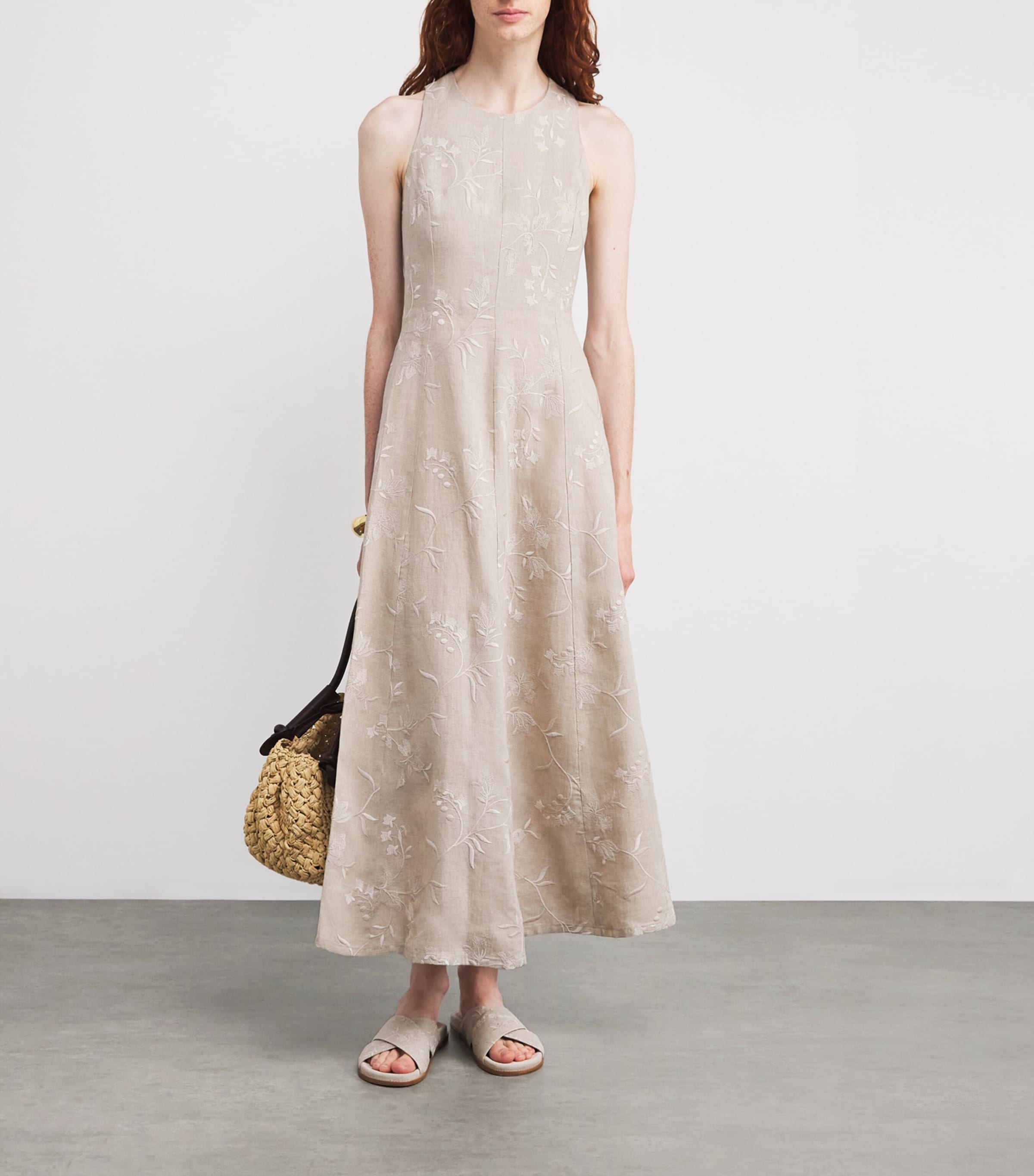 Eleventy Womens x Harrods Linen Floral-Embroidered Dress Sabbia Image 2