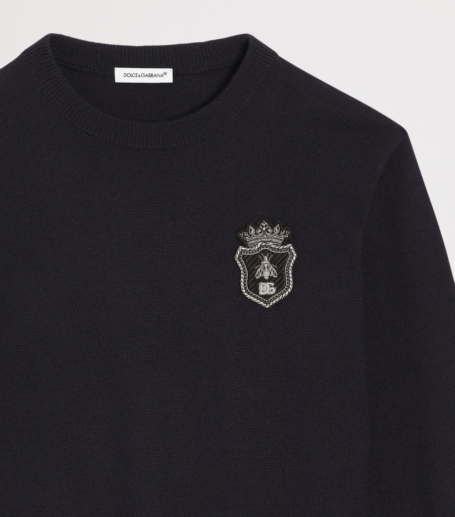 Dolce&Gabbana Kids Virgin Wool Embroidered Crest Sweater (8-12+ Years) Very Dark Blue Image 3