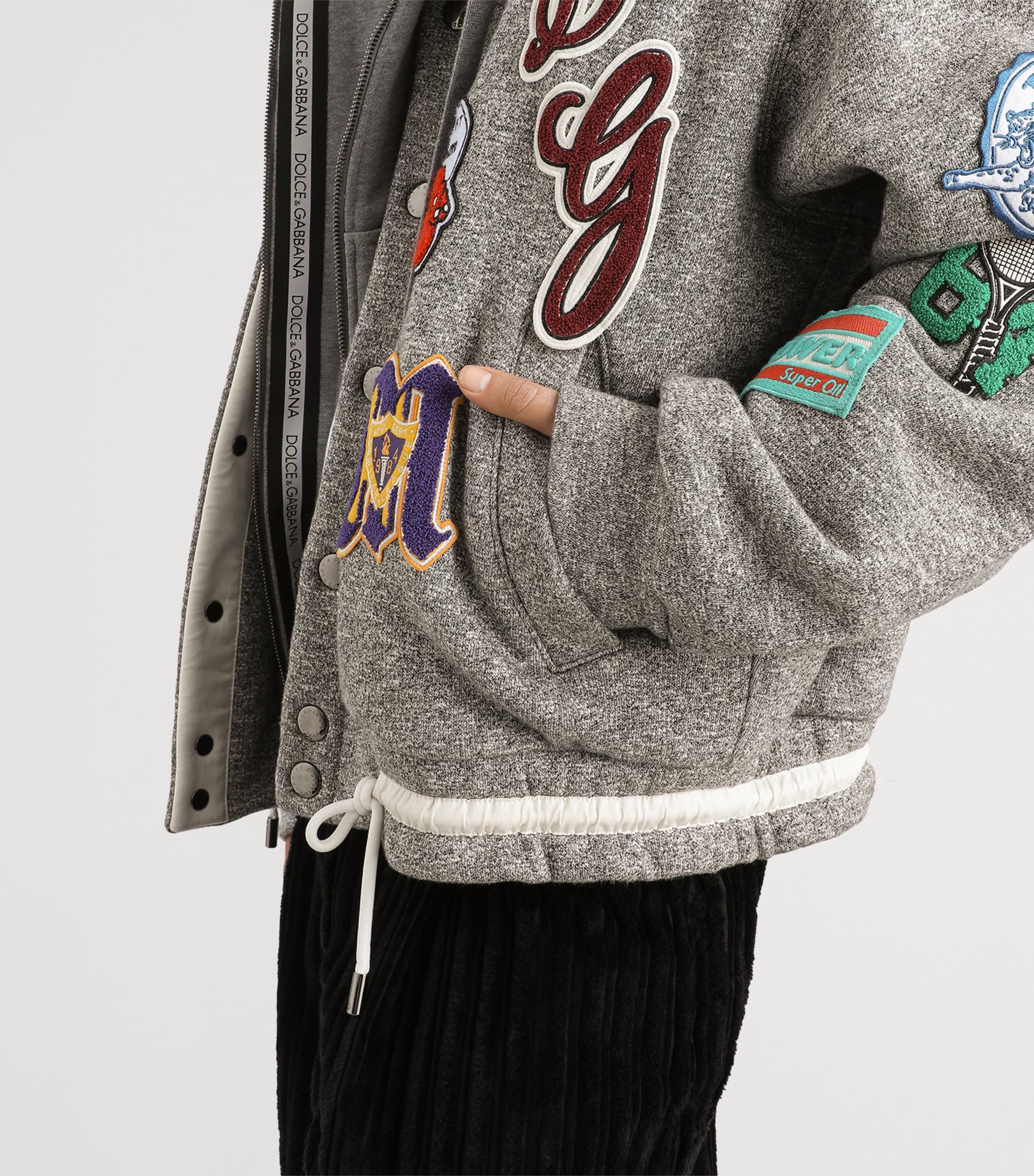 Dolce&Gabbana Mens Stretch-Cotton Fleece Patch Bomber Jacket Melange Grey Image 4