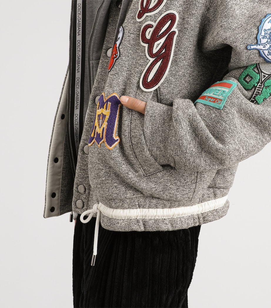 Dolce&Gabbana Mens Stretch-Cotton Fleece Patch Bomber Jacket Melange Grey Image 4