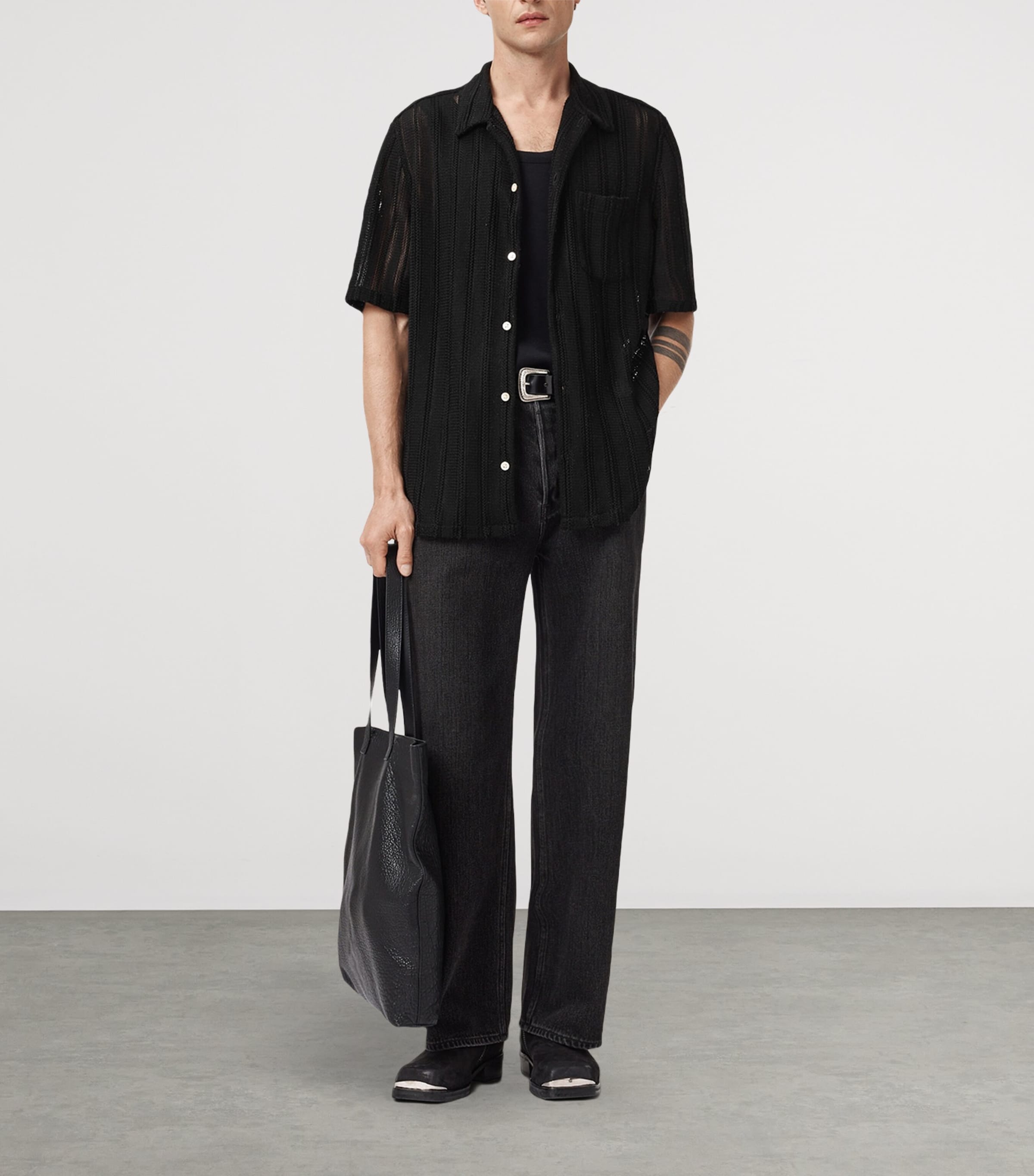 AllSaints Mens Open-Knit Sylvan Shirt Jet Black Image 3