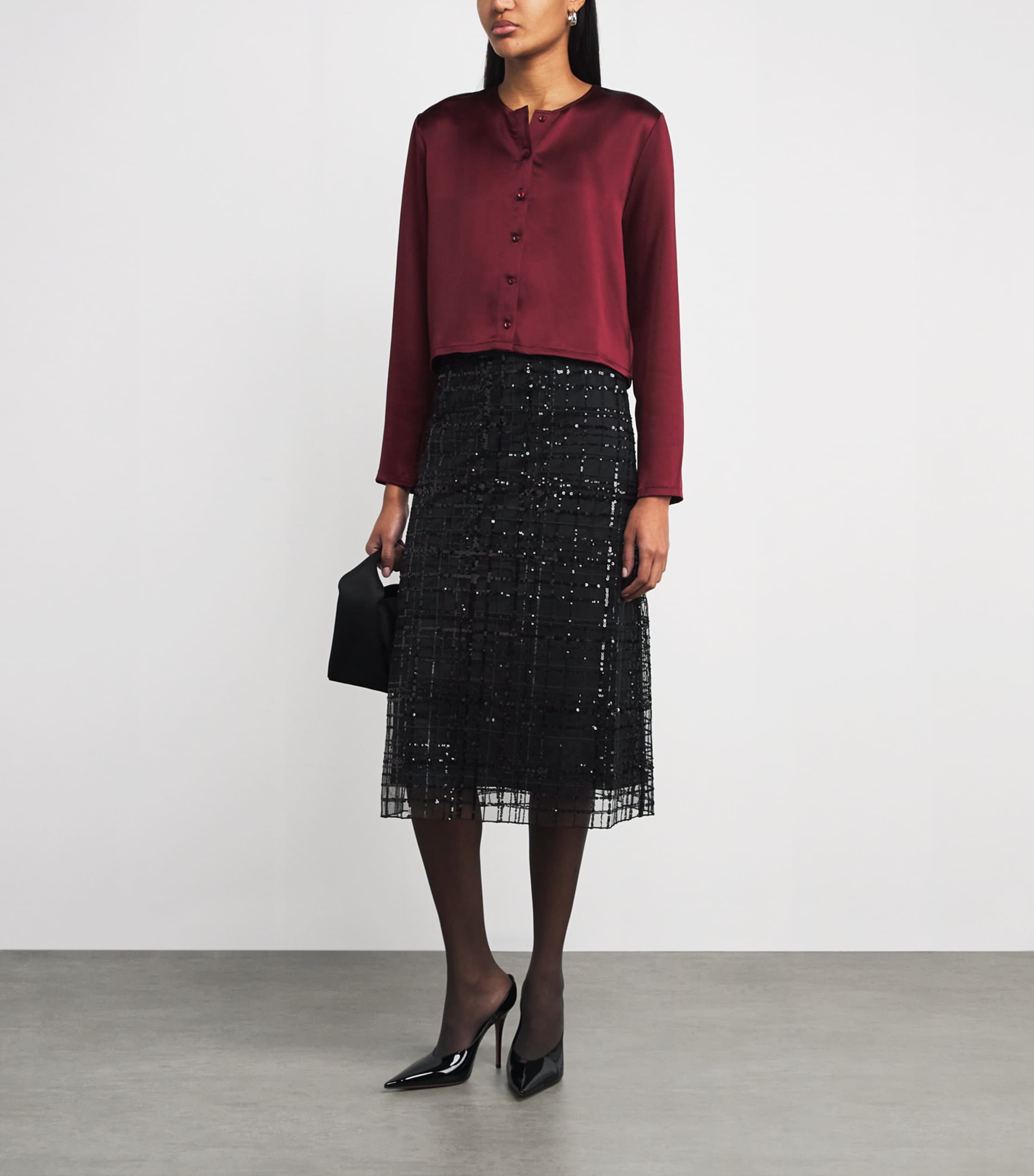 Sequin Check Midi Skirt BLACK Image 2