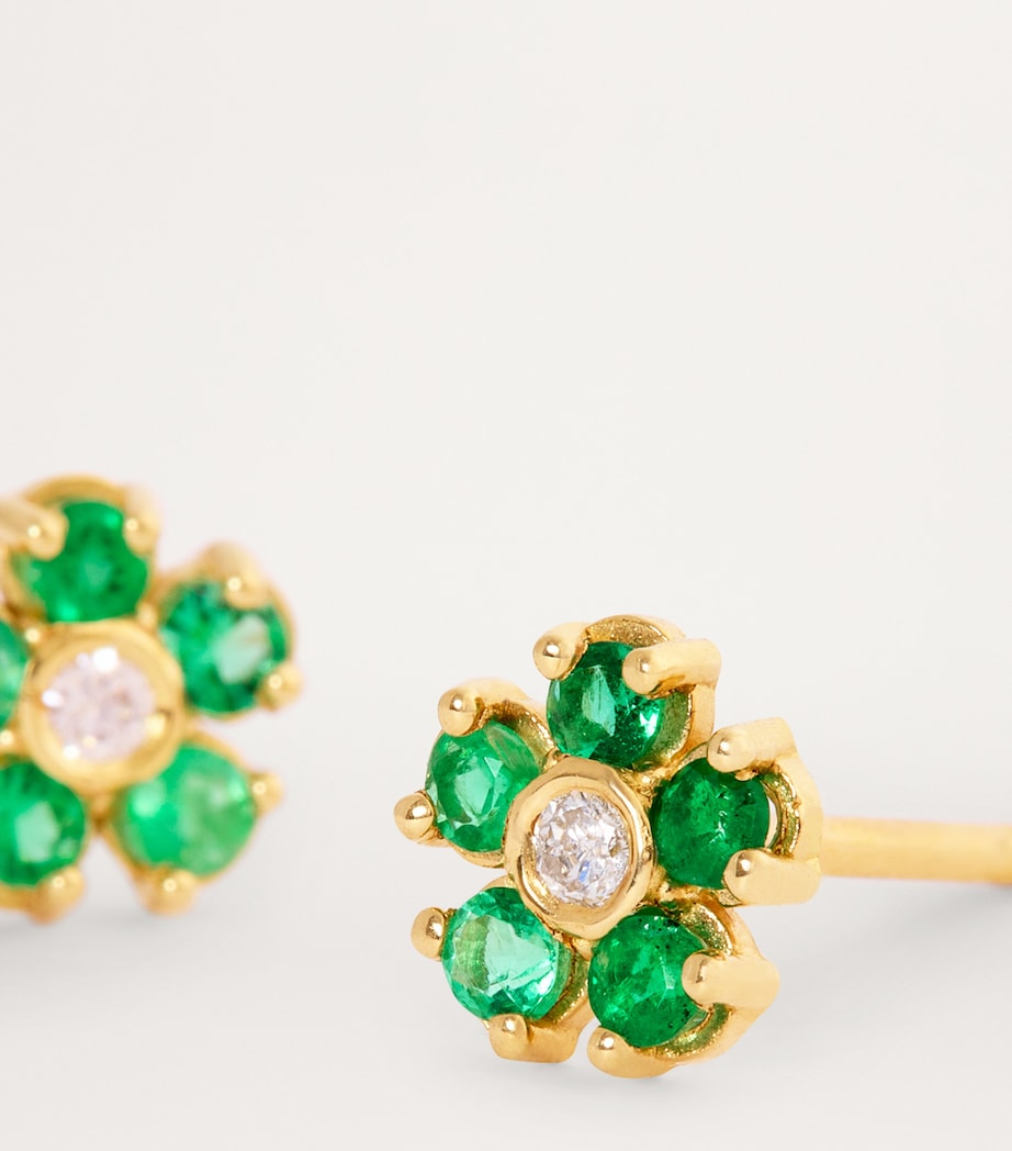 Mini Yellow Gold, Diamond and Emerald Edith Flower Earrings YELLOW GOLD Image 6