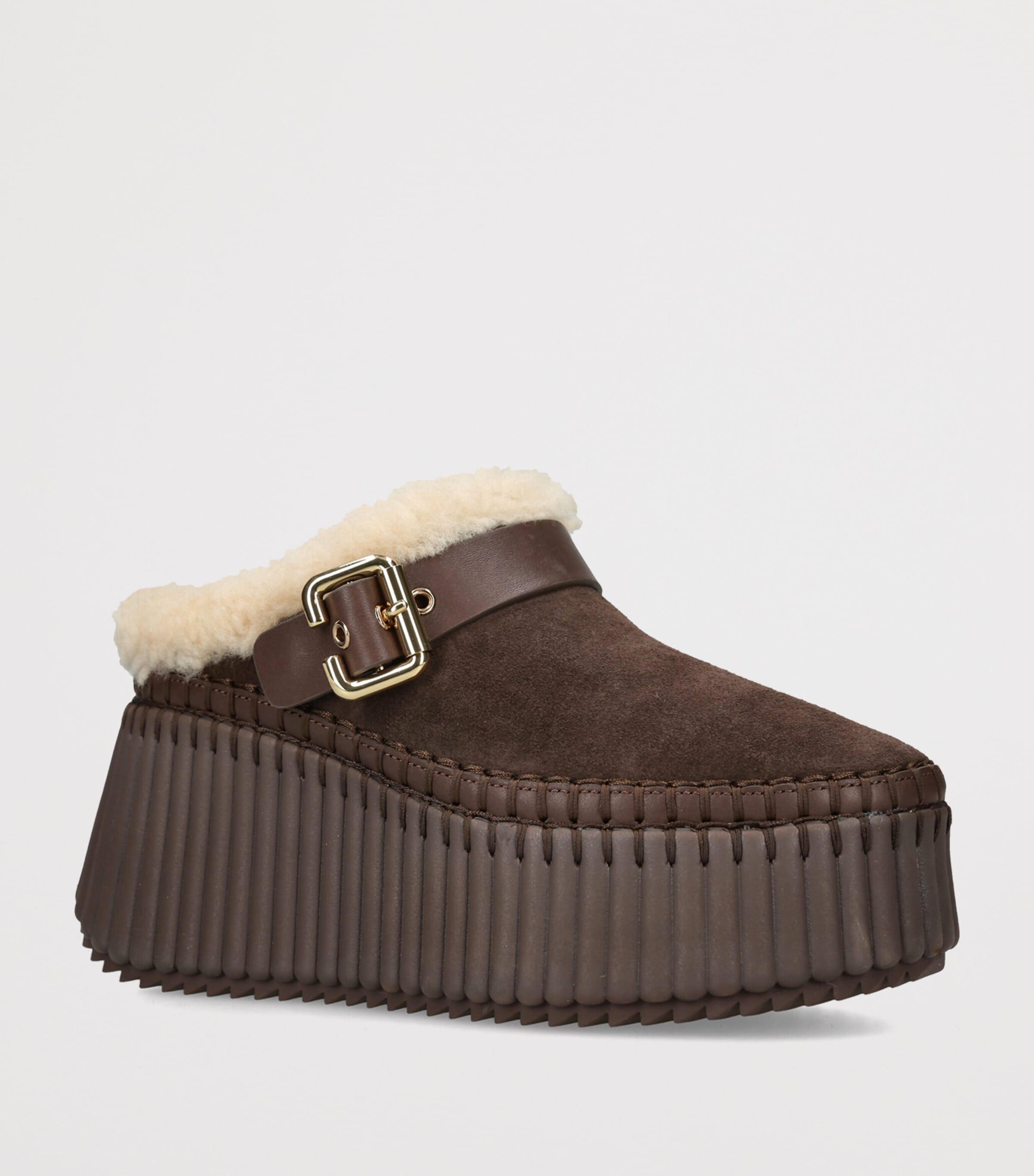 Chloé Suede-Shearling Nama Wedge Mules 90 Dark Brown Image 2