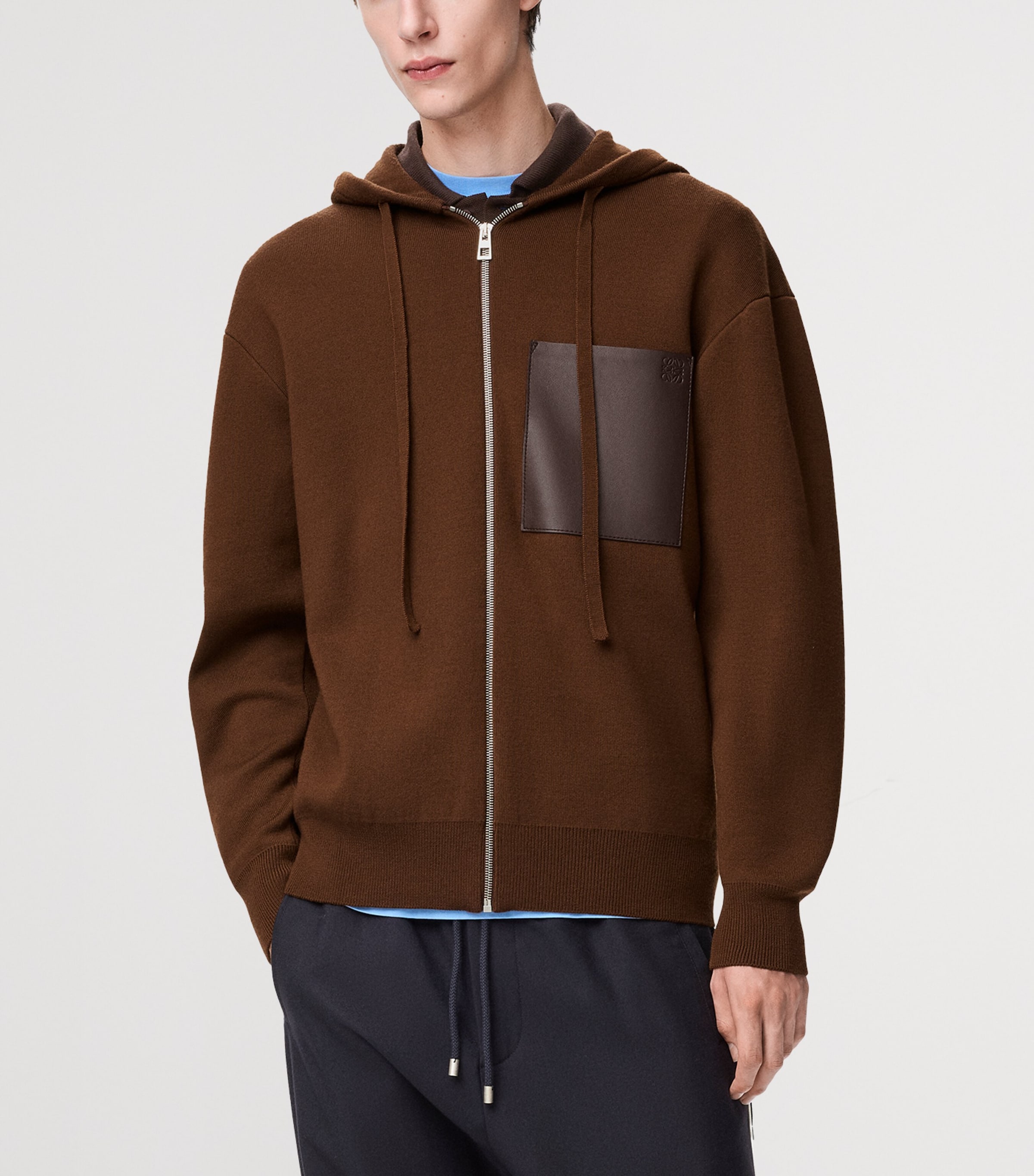 Wool-Blend Leather-Pocket Hoodie BROWN Image 3
