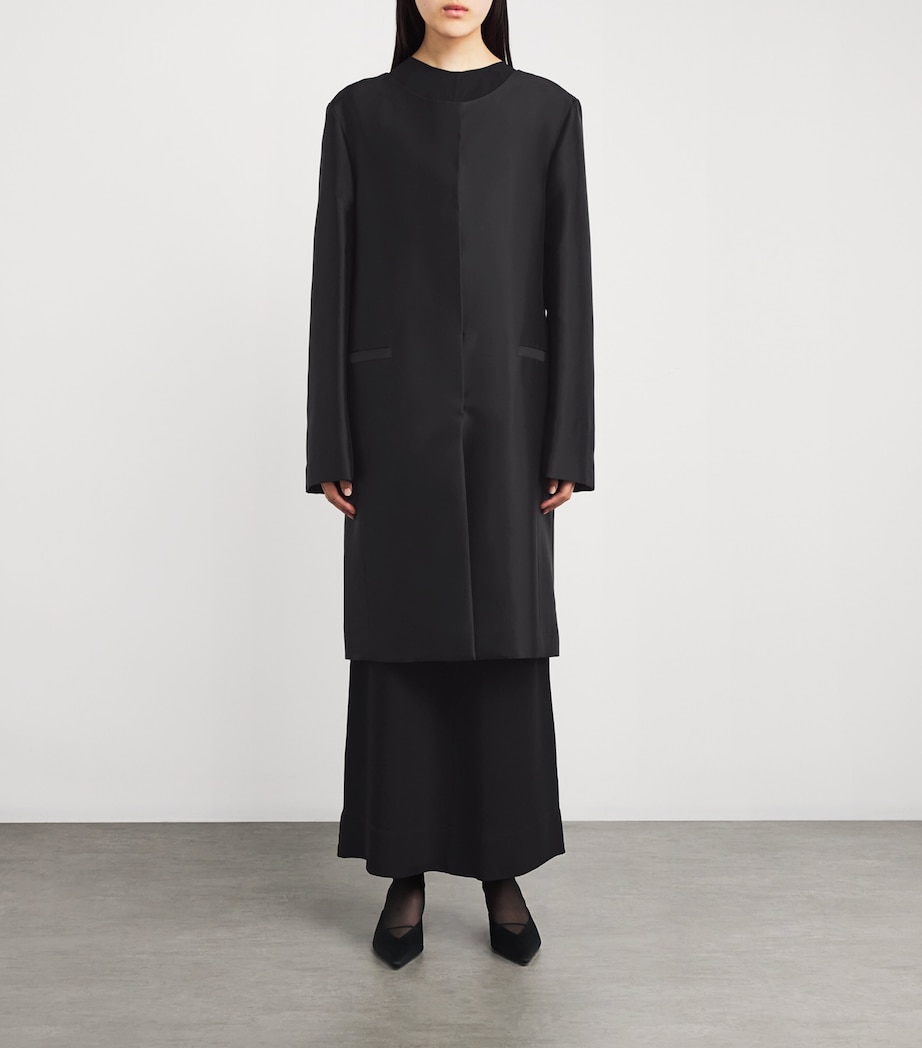 Silk Collarless Midi Coat 001 BLACK Image 3
