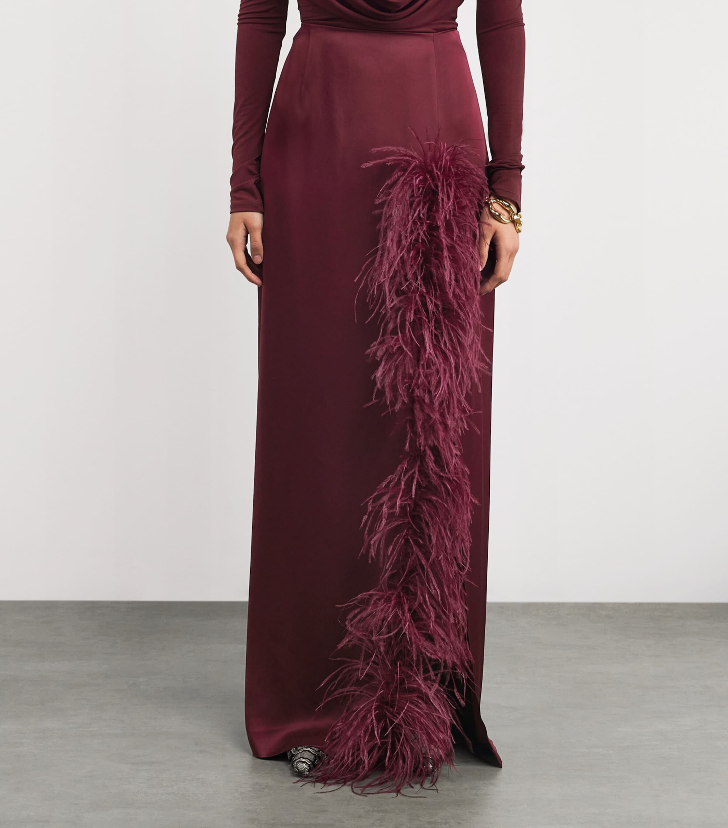 Feather-Trim Maxi Skirt CRIMSON Image 3