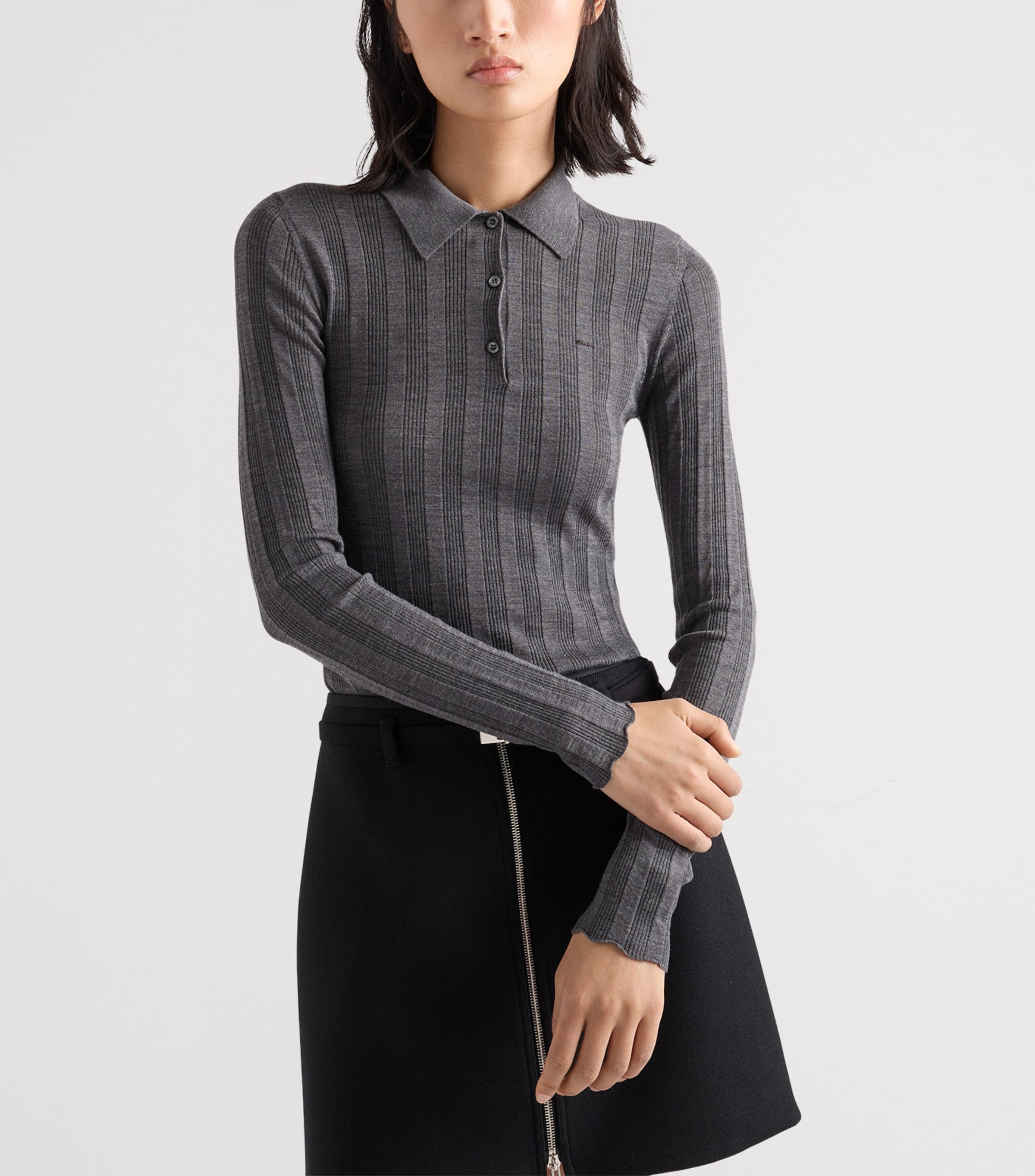 Prada Womens Wool Ribbed Polo Sweater Grey Image 4