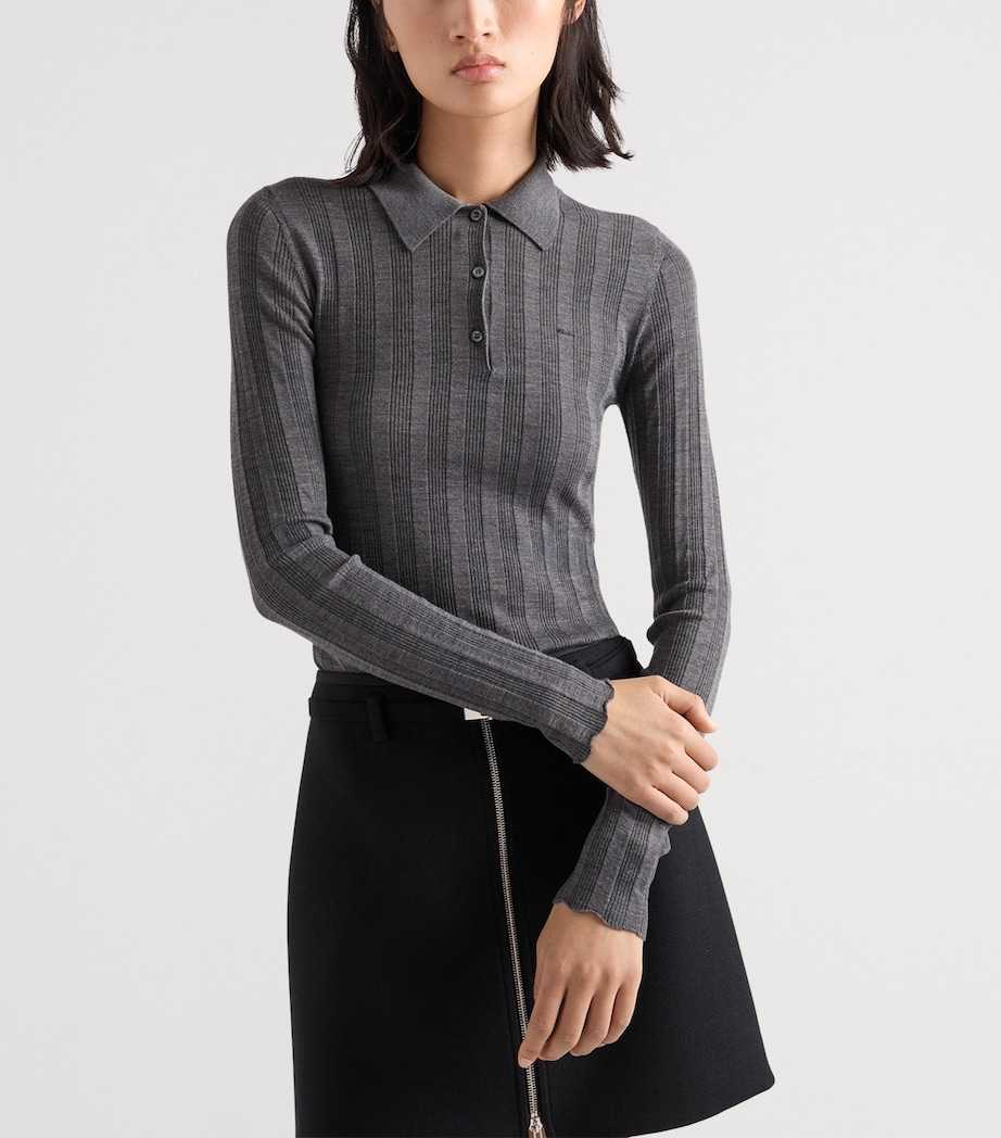 Prada Womens Wool Ribbed Polo Sweater Grey Image 4