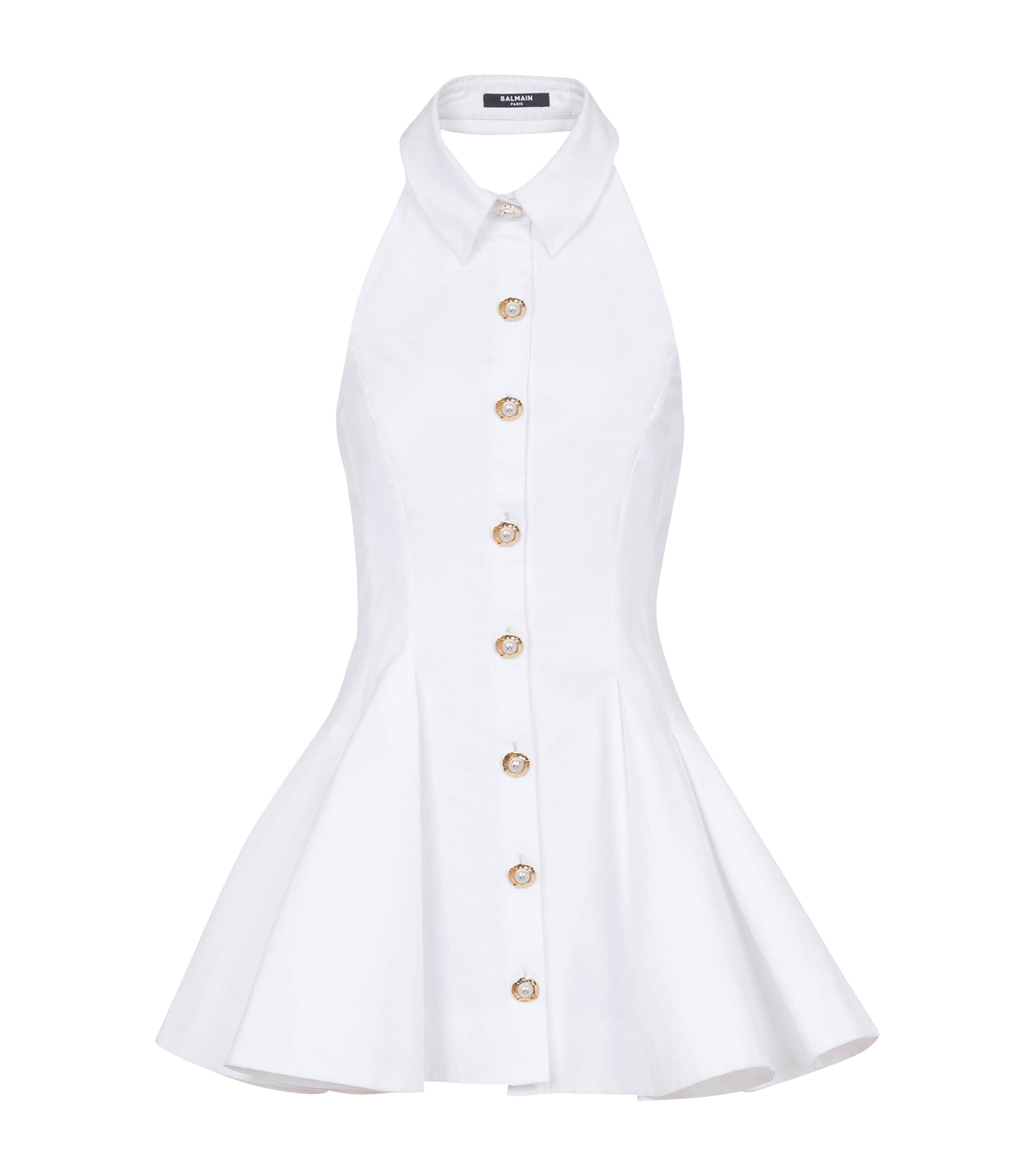 Balmain Flared Cotton-poplin Halter-neck Mini Shirt Dress