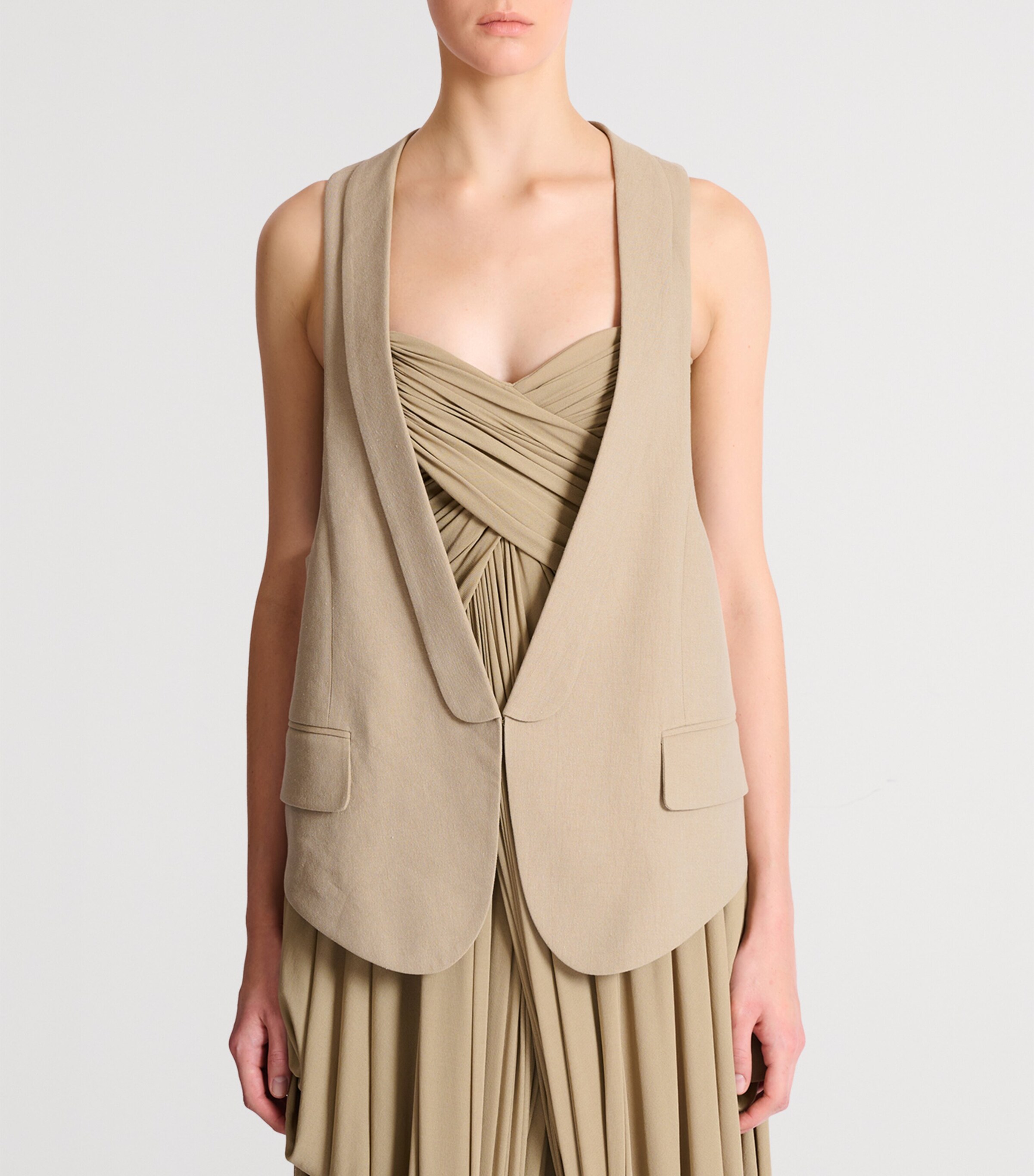 Balmain Womens Linen-Cotton Oversized Waistcoat Beige Foncé Image 2