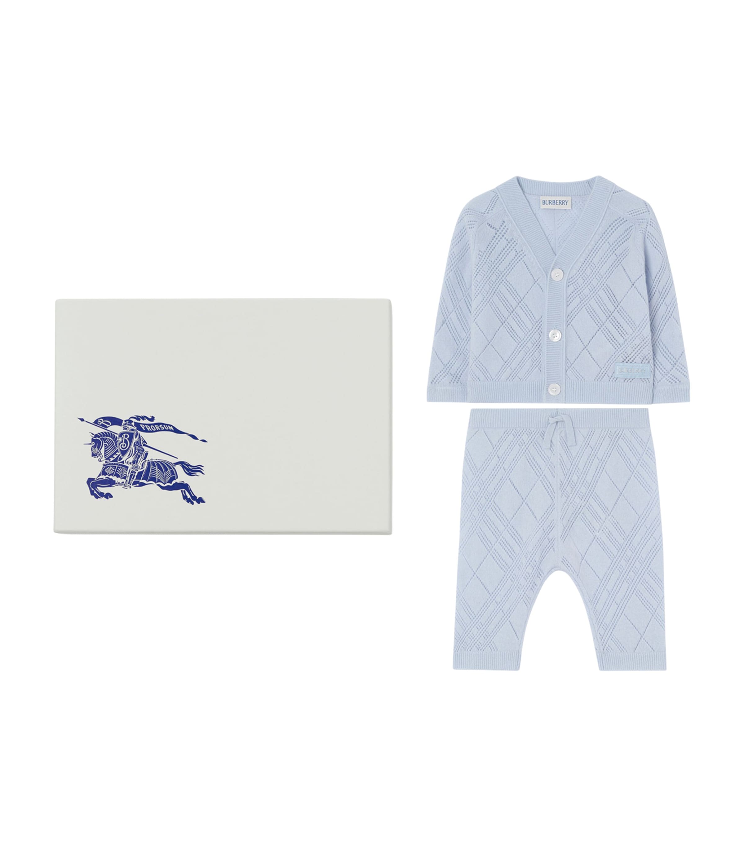 Burberry Kids Cashmere Check Cardigan and Trouser Set (1-18 Months) Dusty Blue Image 1
