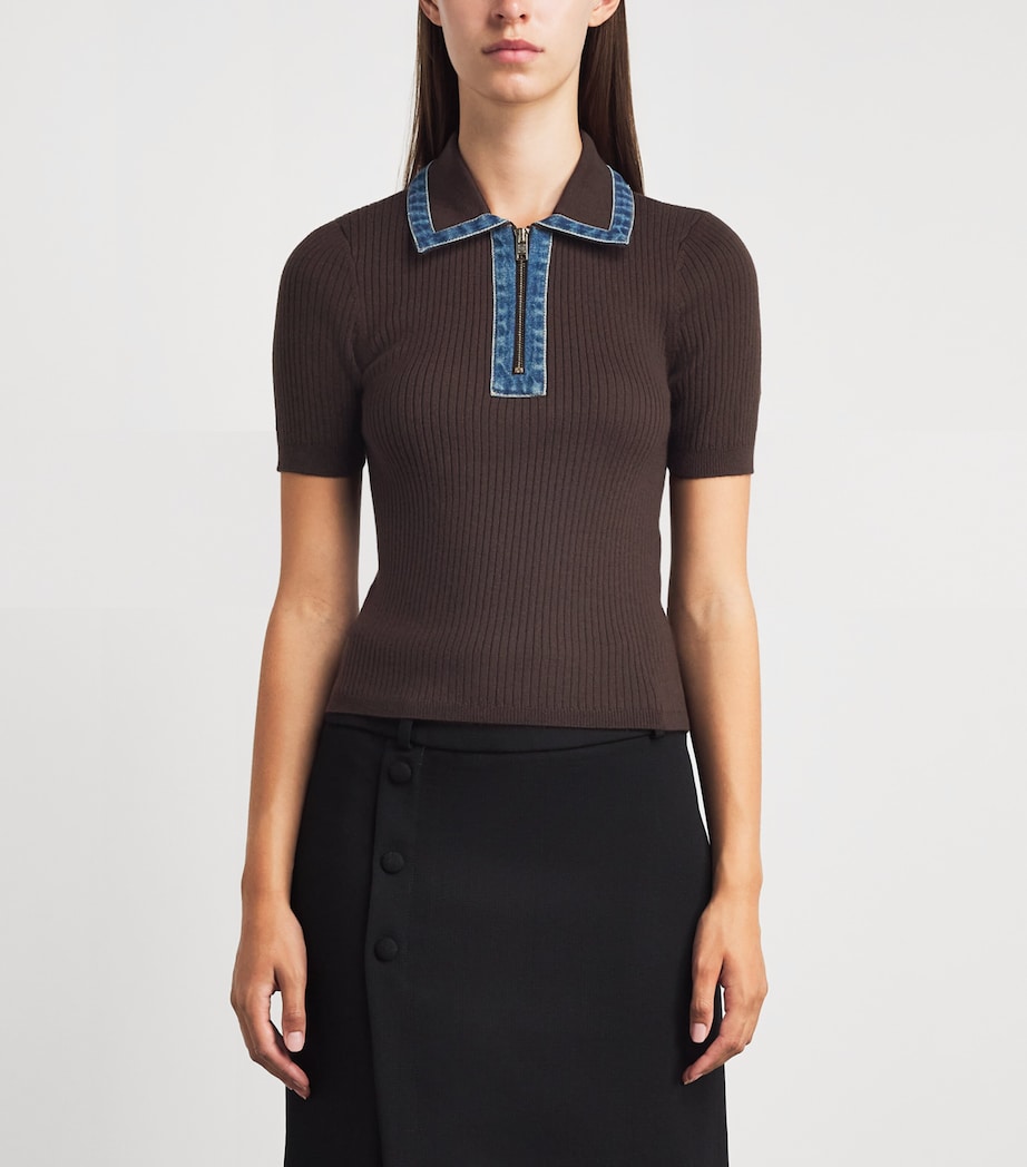 Sandro Paris Womens Knitted Denim-Collar Polo Shirt Brown Image 4
