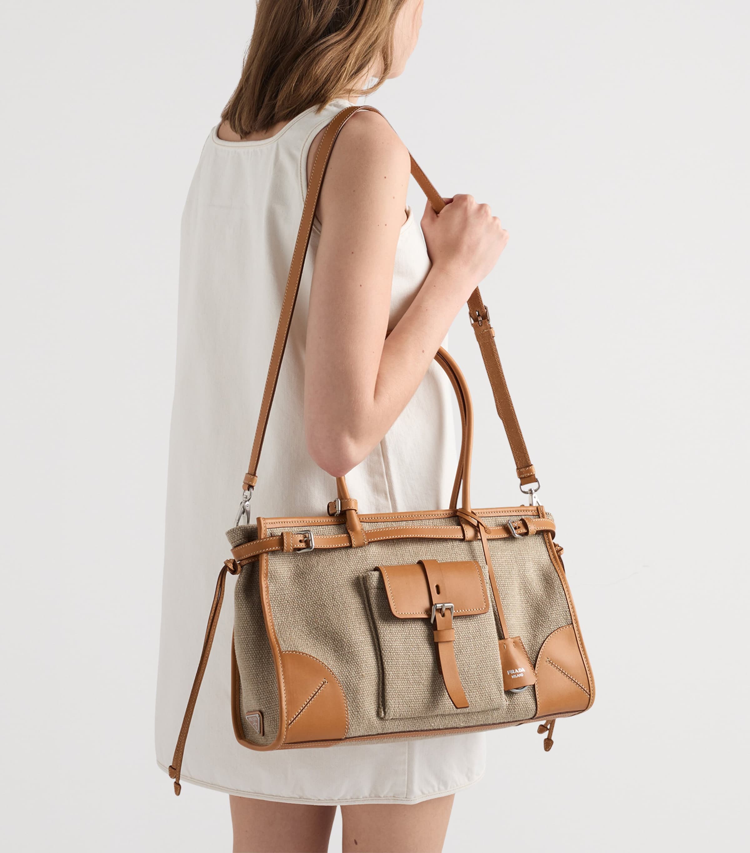 Prada Womens Small Linen Bonnie Shoulder Bag Neutral Image 4