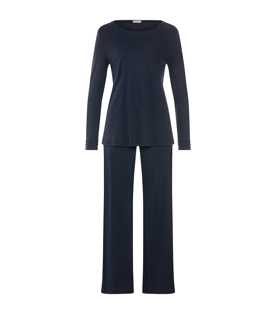 Hanro Womens Cotton Pilar Long-Sleeve Pyjama Set Deep Navy Image 1