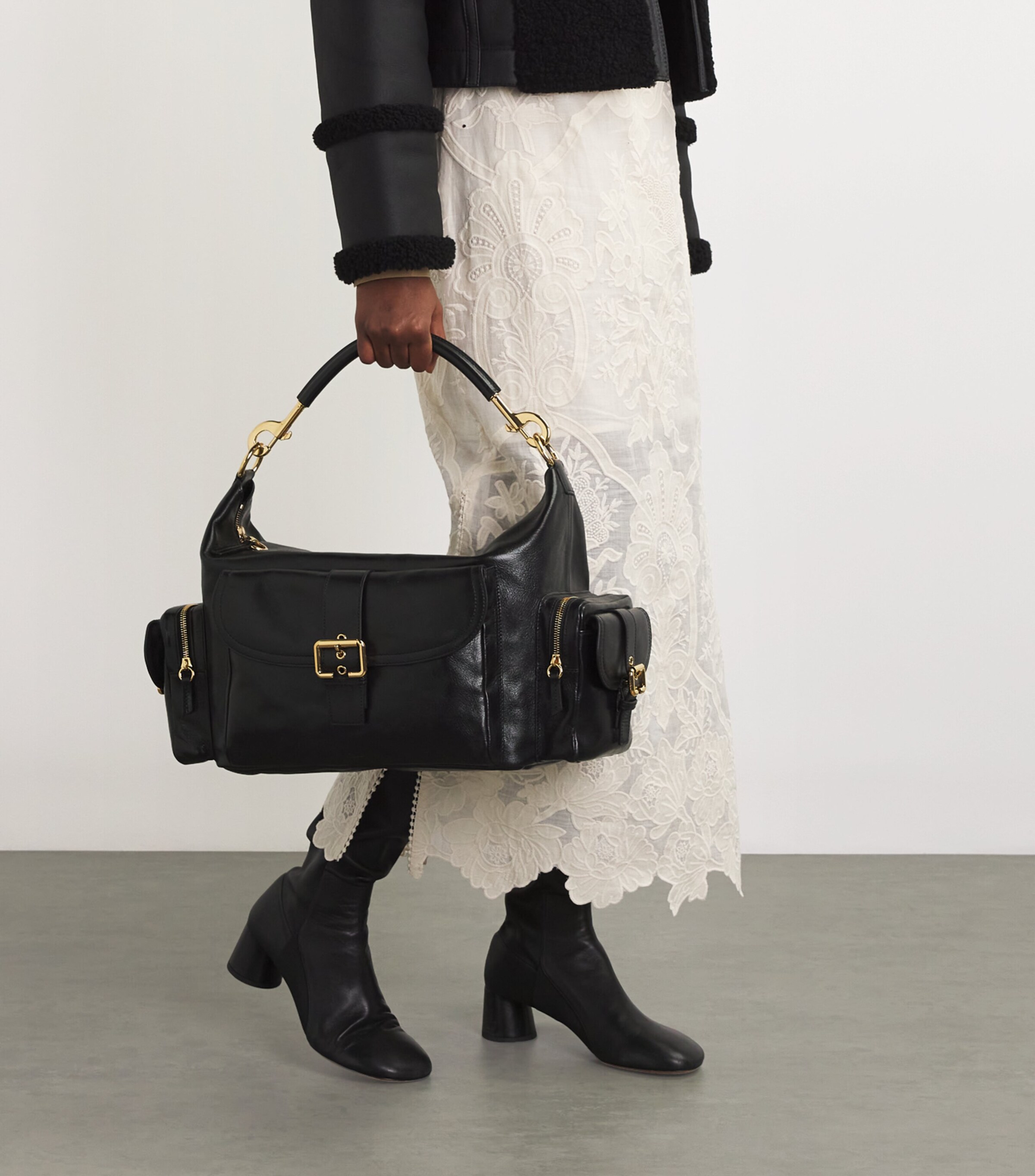 Large Leather Camera Shoulder Bag BLACK Image 5