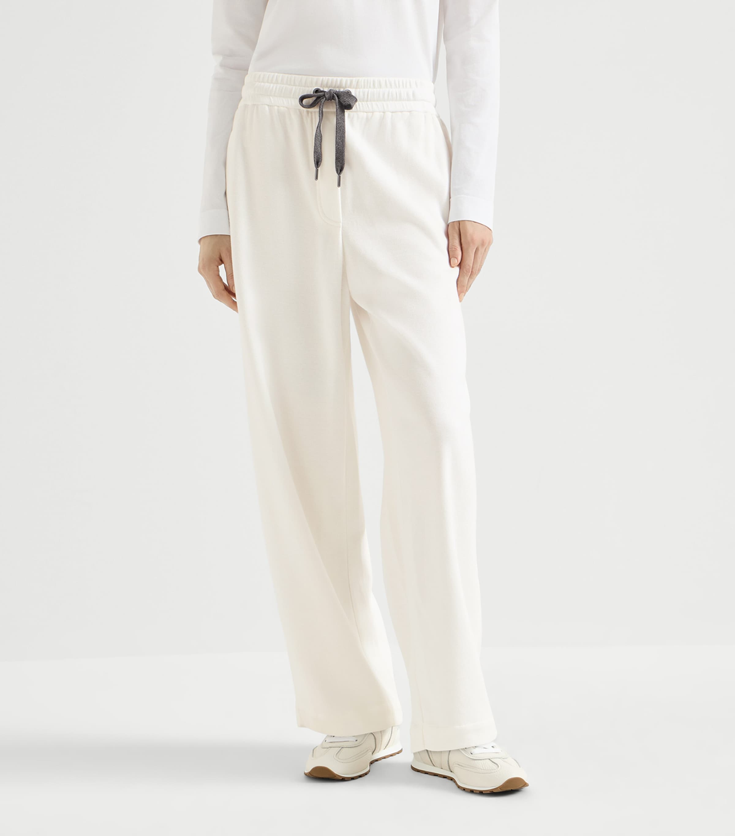 Brunello Cucinelli Womens Piqué Drawstring Straight Trousers White Image 3