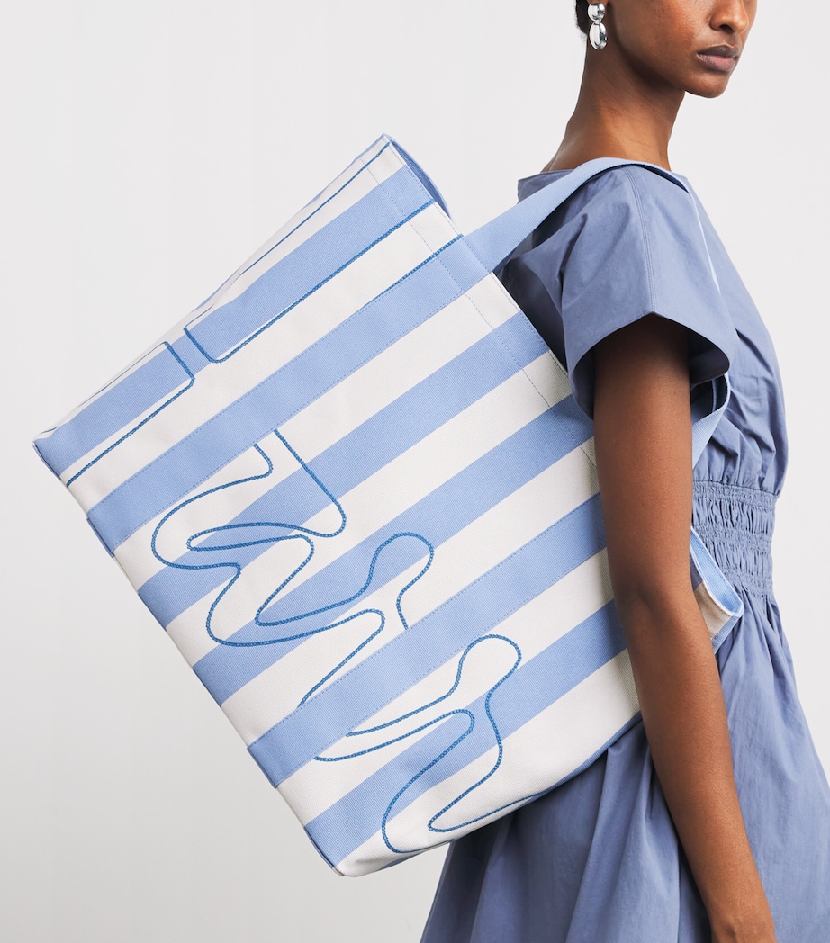 Large Cotton Stripe Logo Tote Bag BLUE Image 5