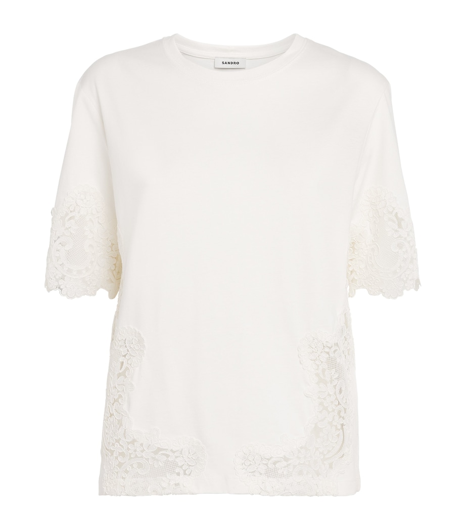 Sandro Paris Womens Cotton Lace T-Shirt Ecru Image 1