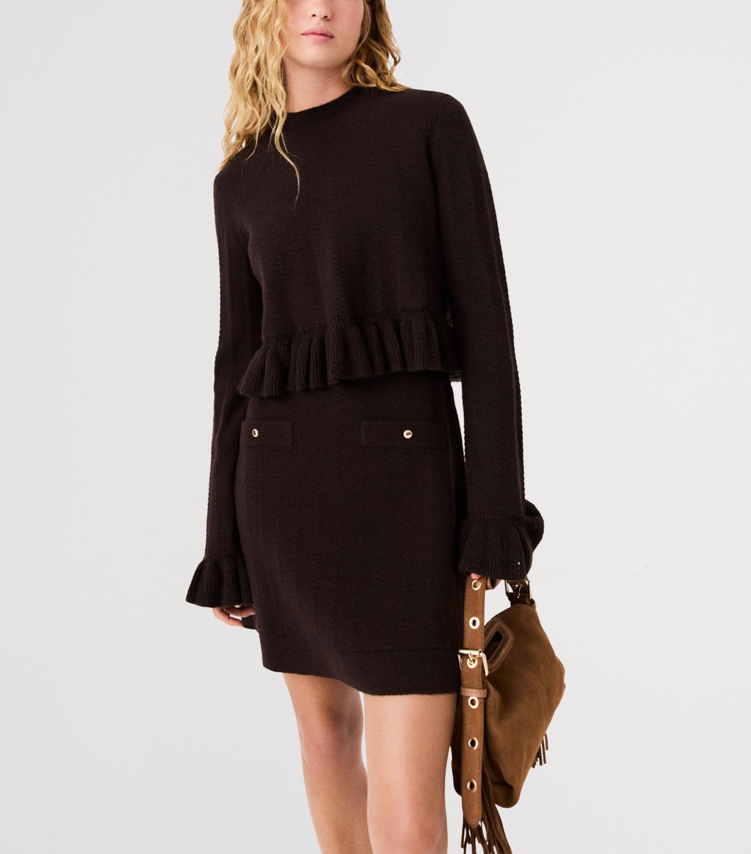 Maje Womens Cable-Knit Mini Dress Dark Brown Image 4