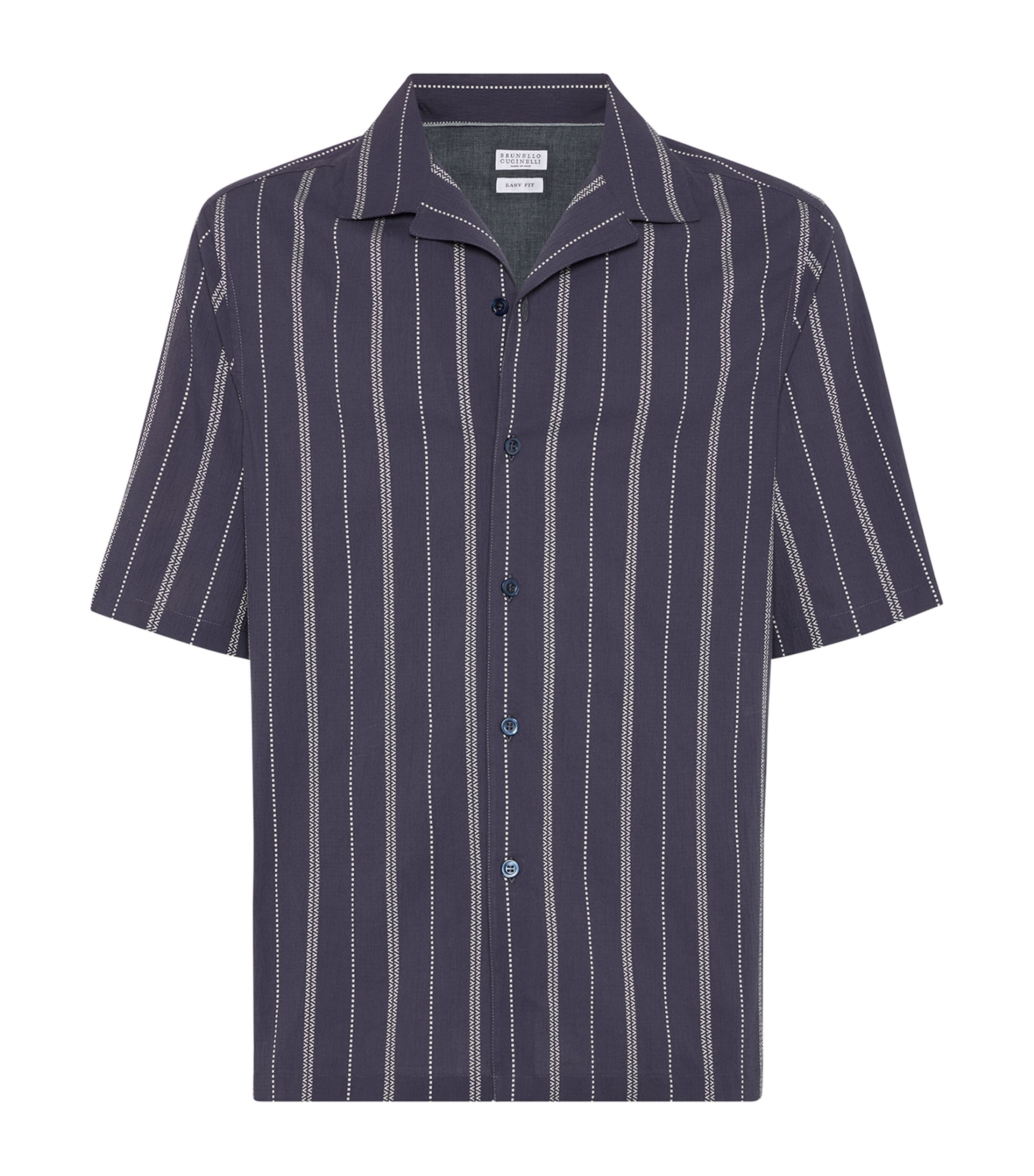 Brunello Cucinelli Textured Stripe Seersucker Easy Fit Short Sleeve Shirt With Camp Collar In Blue