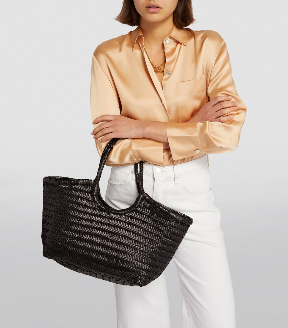 Large Leather Woven Nantucket Tote Bag BLACK Image 5