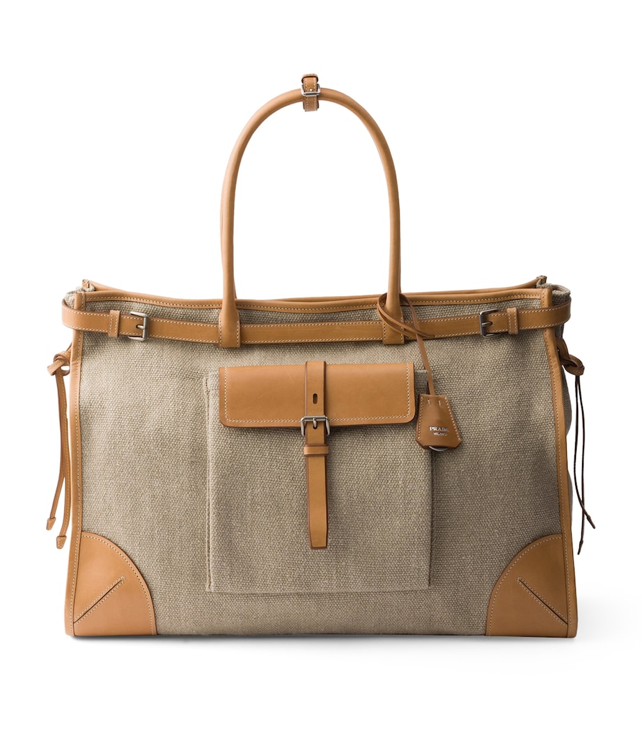 Prada Linen-Leather Route Tote Bag Neutral Image 1
